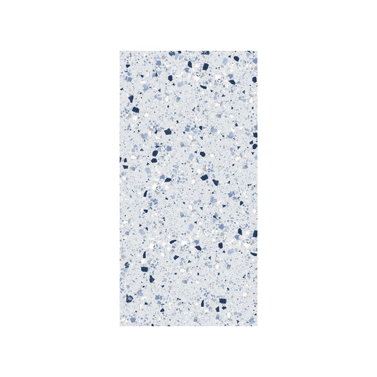 C Venice 300x600 Matt Blue Terrazzo Look Rectified tile pack shot showing a light blue matt surface with scattered navy, white, and grey terrazzo chip fragments.