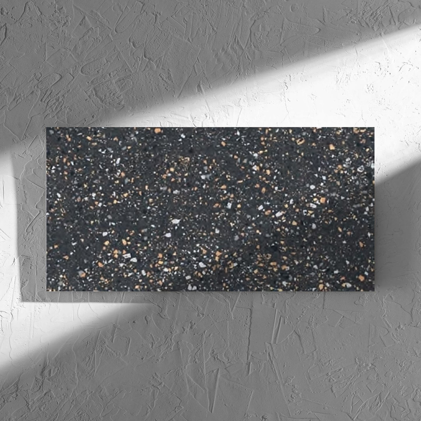 C Venice 300x600 Matt Graphite Terrazzo Look Rectified tile in soft natural window light, showing the tile surface