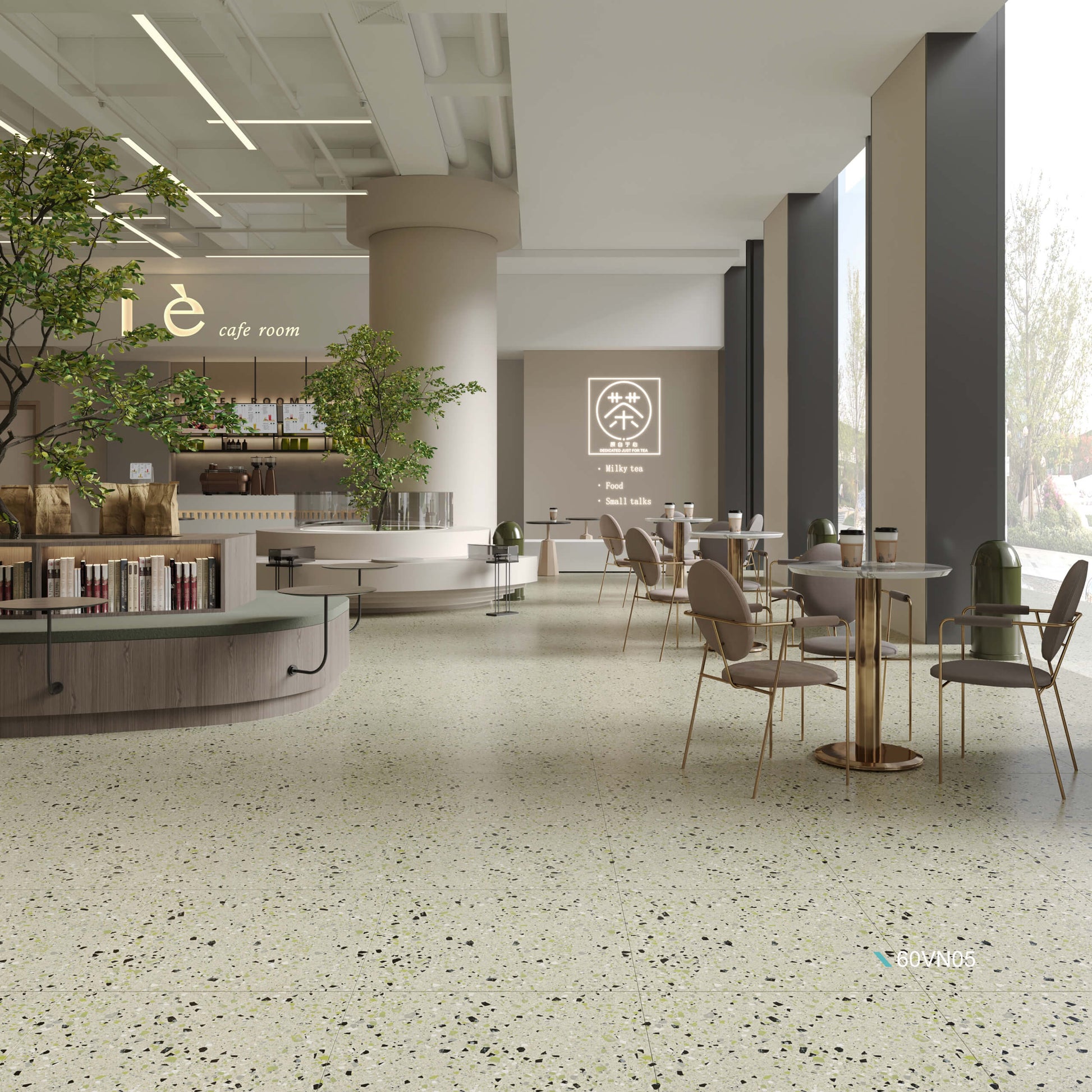 C Venice 300x600 Matt Green Terrazzo Look Rectified tiles installed as a cafe floor with rounded timber counter, gold-leg dining tables, and indoor trees.