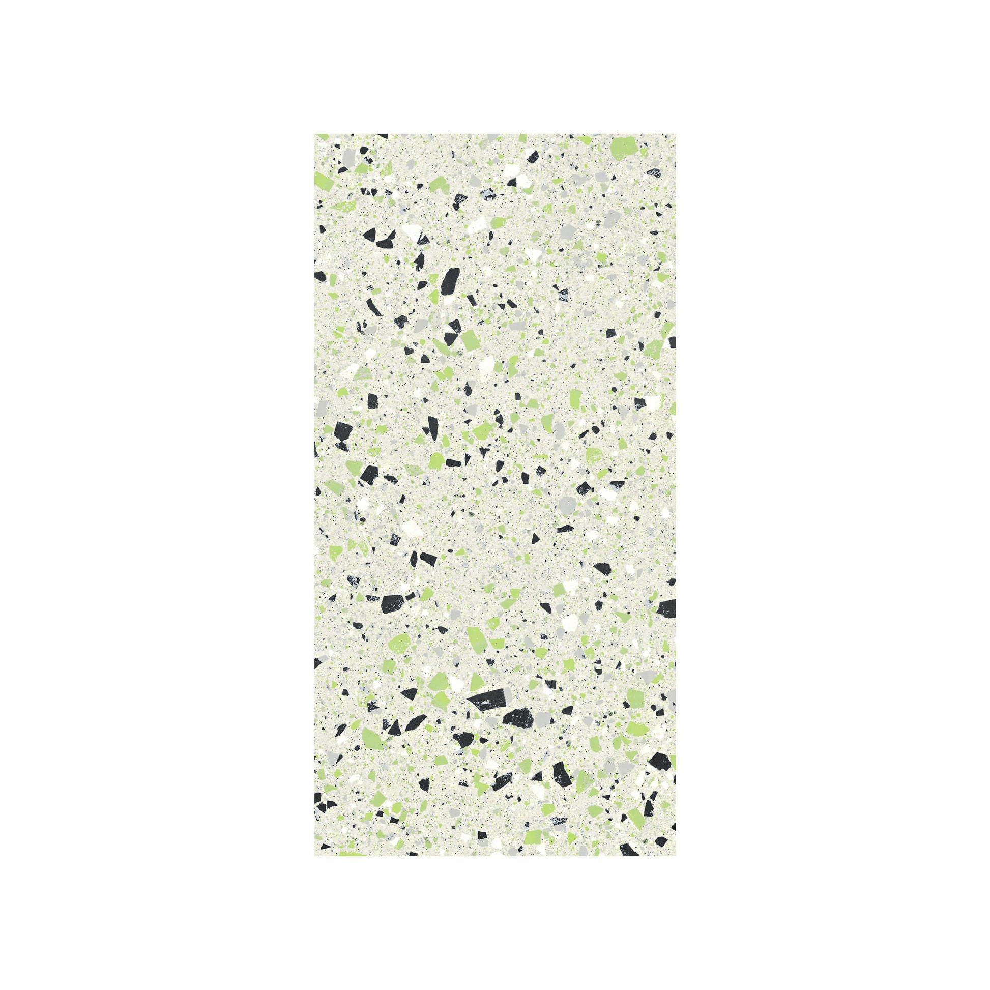 C Venice 300x600 Matt Green Terrazzo Look Rectified tile showing a cream base with scattered black, grey, and lime green aggregate chips in a classic terrazzo pattern.