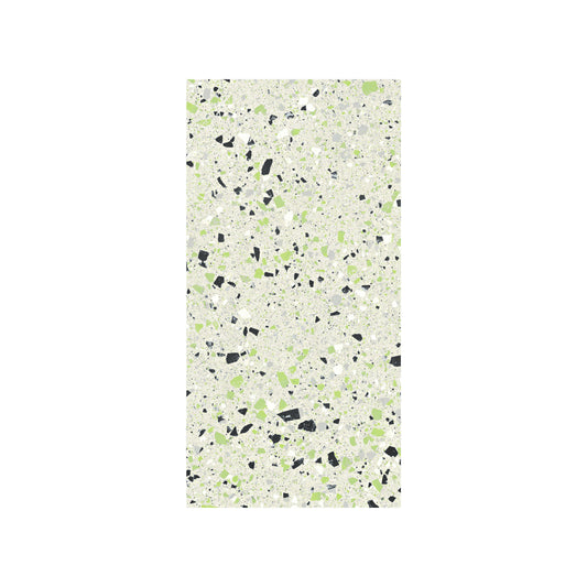 C Venice 300x600 Matt Green Terrazzo Look Rectified tile showing a cream base with scattered black, grey, and lime green aggregate chips in a classic terrazzo pattern.