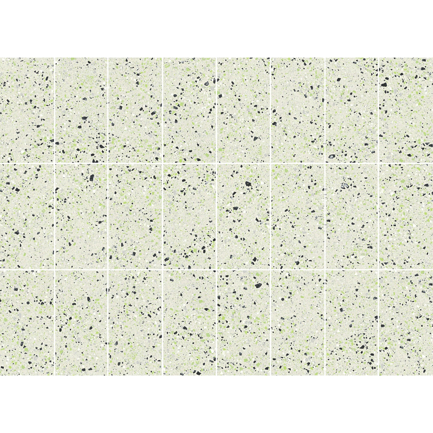 C Venice 300x600 Matt Green Terrazzo Look Rectified tiles displayed in a grid layout showing light green base with black and white aggregate speckle pattern.