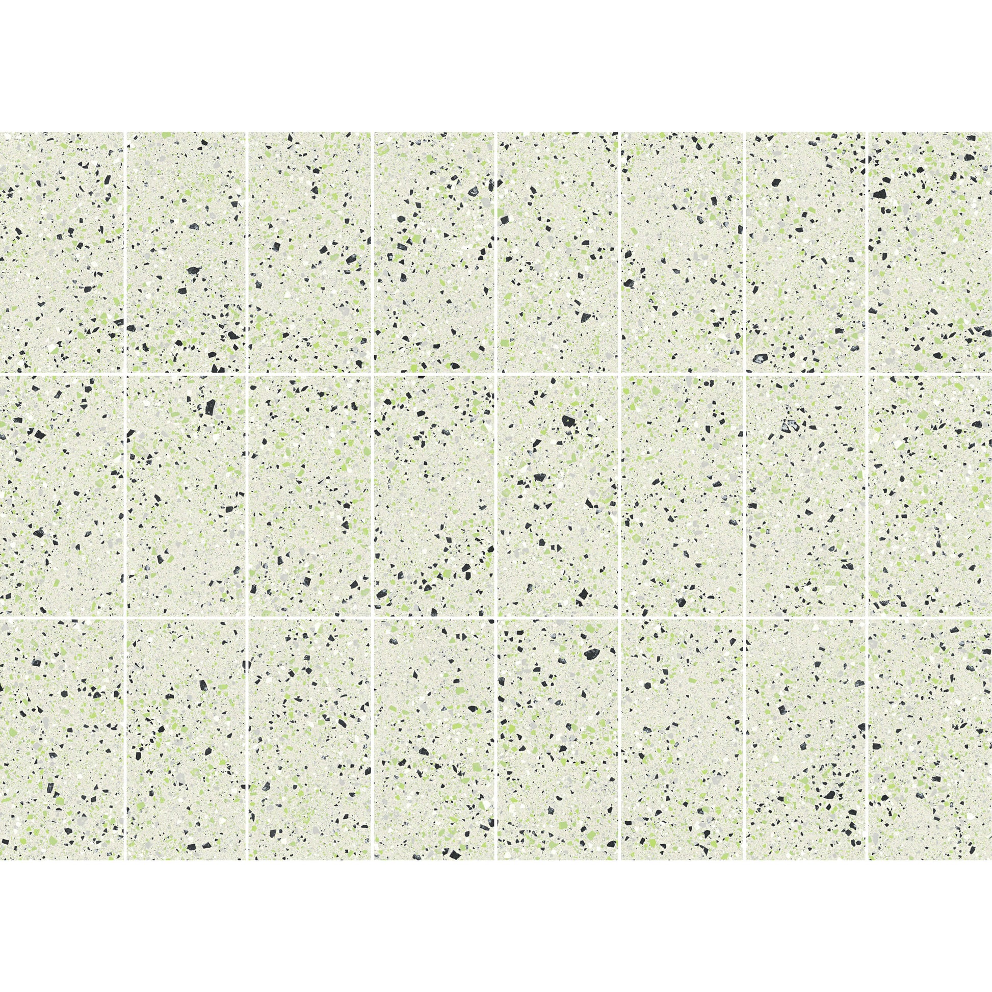 C Venice 300x600 Matt Green Terrazzo Look Rectified tiles displayed in a grid layout showing light green base with black and white aggregate speckle pattern.