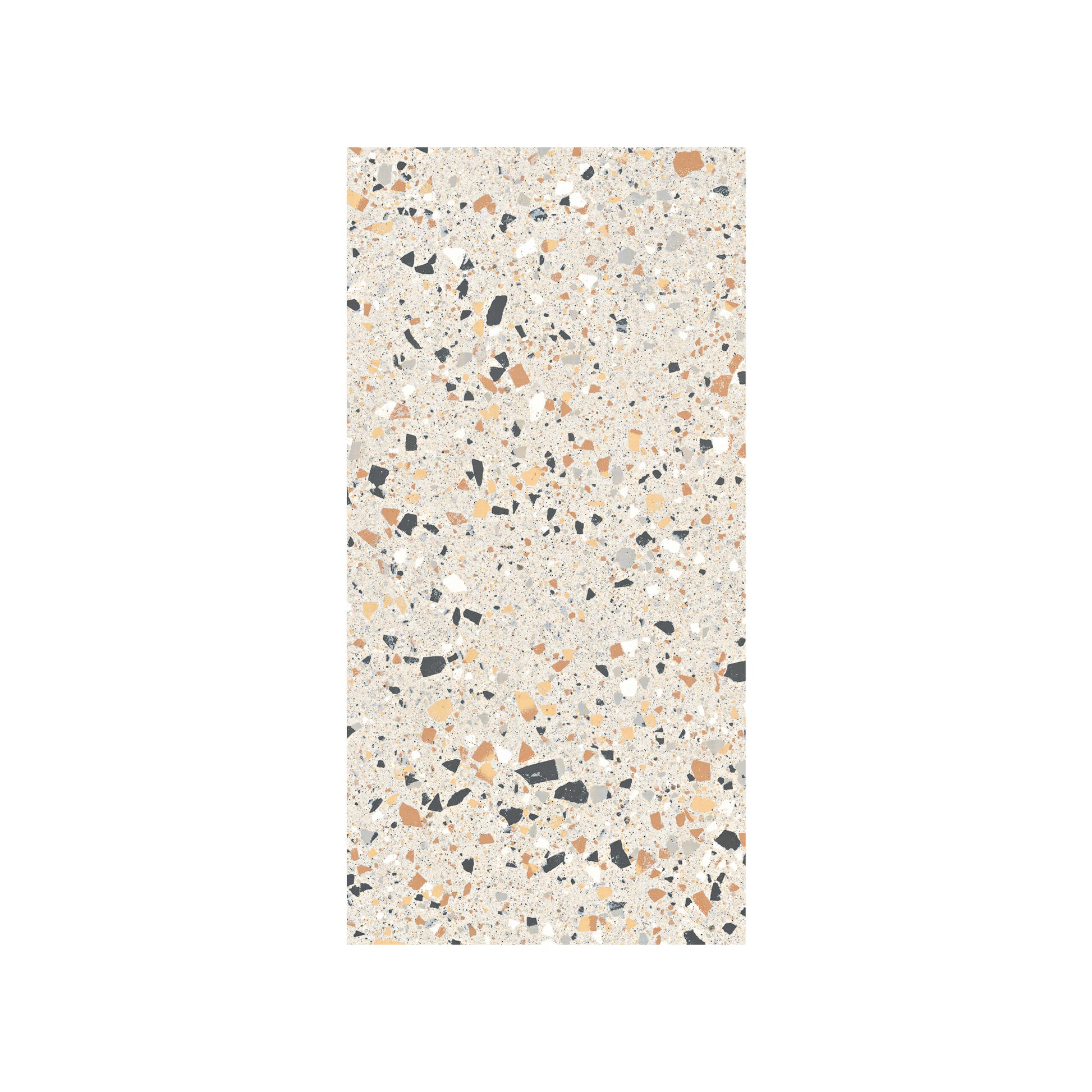 Pack shot of C Venice 300x600 Matt Ivory Terrazzo Look Rectified tile featuring a cream base with scattered black, orange, and grey stone chip fragments.