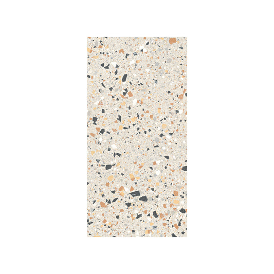 Pack shot of C Venice 300x600 Matt Ivory Terrazzo Look Rectified tile featuring a cream base with scattered black, orange, and grey stone chip fragments.
