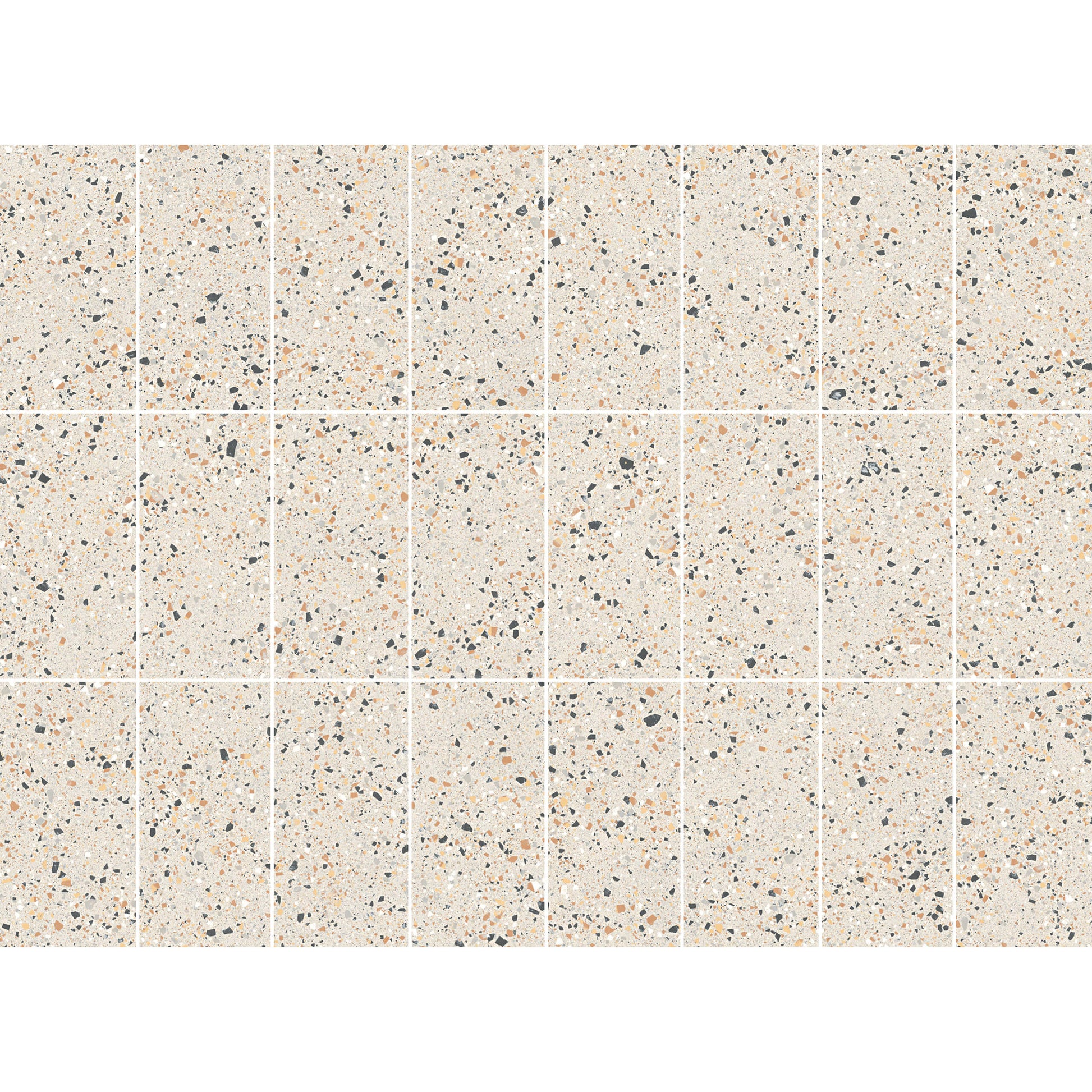 Grid layout of C Venice 300x600 Matt Ivory Terrazzo Look Rectified tiles showing cream base with scattered charcoal and peach aggregate flecks.