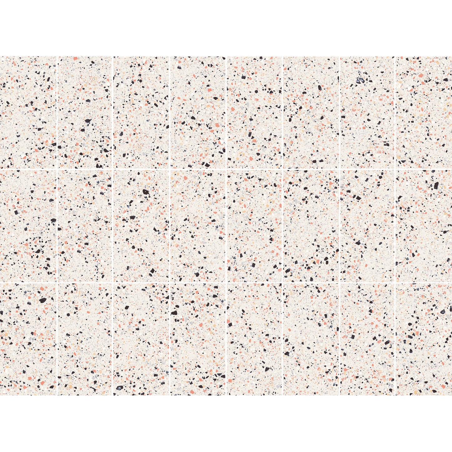 Grid layout of C Venice 300x600 Matt Pink Terrazzo Look Rectified tiles showing scattered black and coral speckled pattern on a cream matte surface.