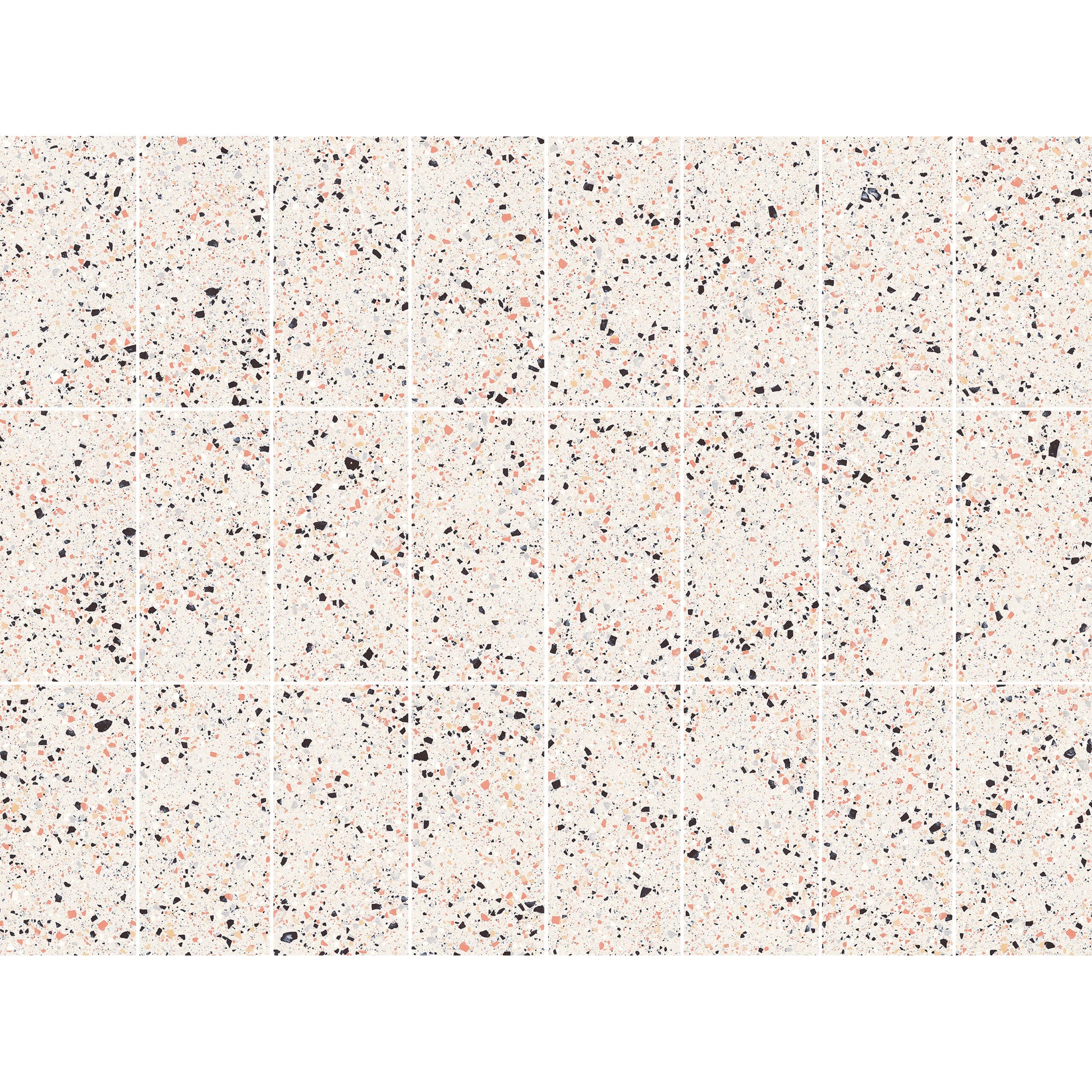 Grid layout of C Venice 300x600 Matt Pink Terrazzo Look Rectified tiles showing scattered black and coral speckled pattern on a cream matte surface.
