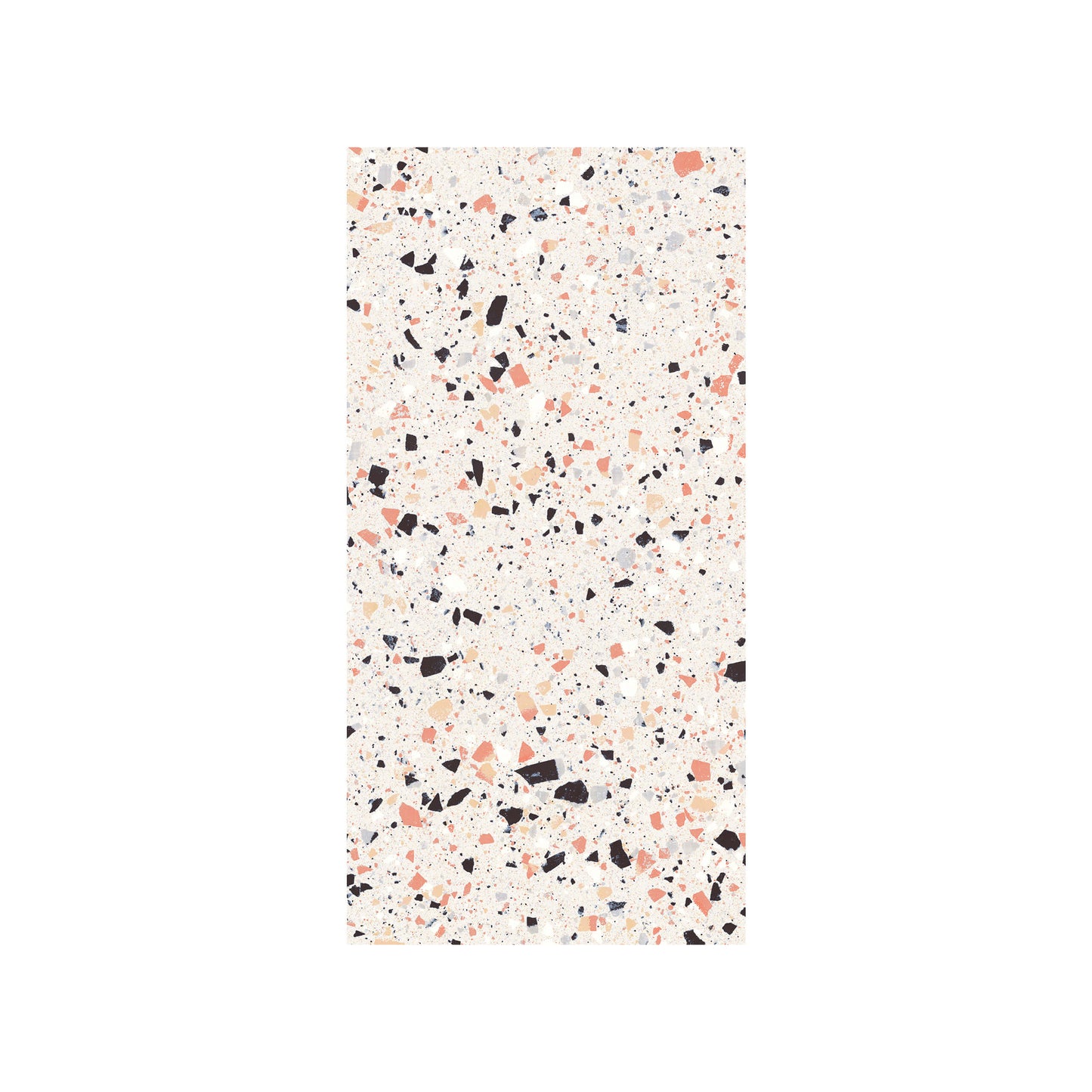C Venice 300x600 Matt Pink Terrazzo Look Rectified tile swatch showing a cream base with scattered black, coral, peach, and grey stone fragments.