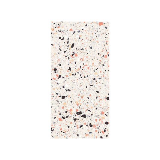 C Venice 300x600 Matt Pink Terrazzo Look Rectified tile swatch showing a cream base with scattered black, coral, peach, and grey stone fragments.