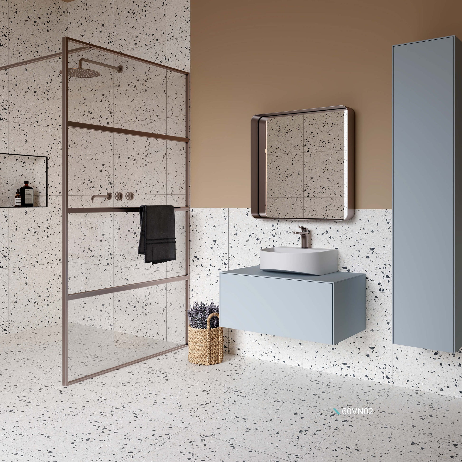 C Venice 300x600 Matt Silver Terrazzo Look Rectified tile covering floor and walls in a modern bathroom featuring a floating vanity, vessel sink, and open walk-in shower.