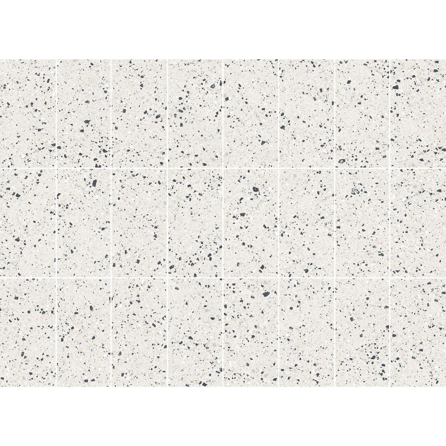 Grid layout of C Venice 300x600 Matt Silver Terrazzo Look Rectified tiles showing white matt finish with scattered charcoal and grey aggregate flecks.