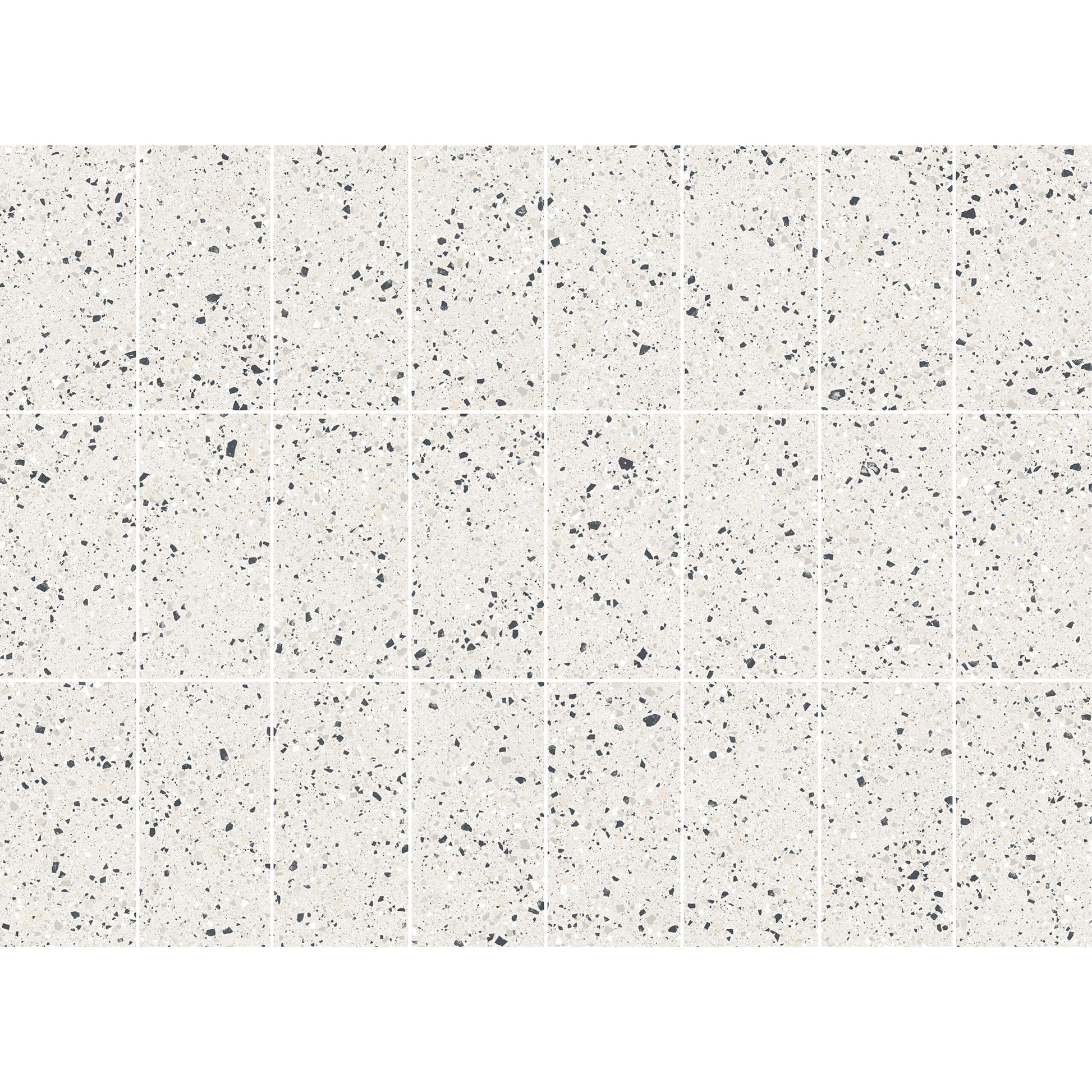 Grid layout of C Venice 300x600 Matt Silver Terrazzo Look Rectified tiles showing white matt finish with scattered charcoal and grey aggregate flecks.
