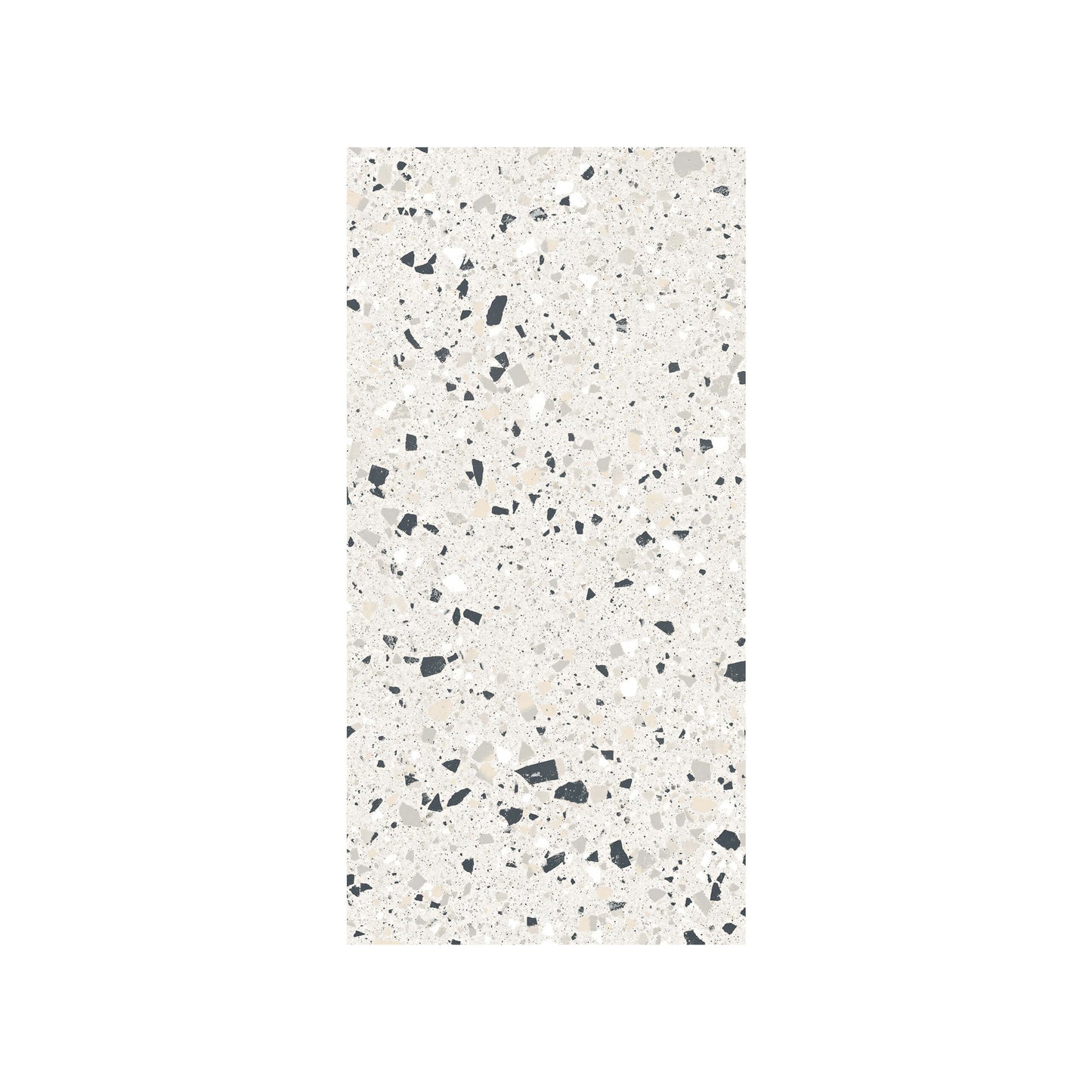 C Venice 300x600 Matt Silver Terrazzo Look Rectified tile pack shot showing a white matt surface with scattered black, grey, and beige aggregate fragments.