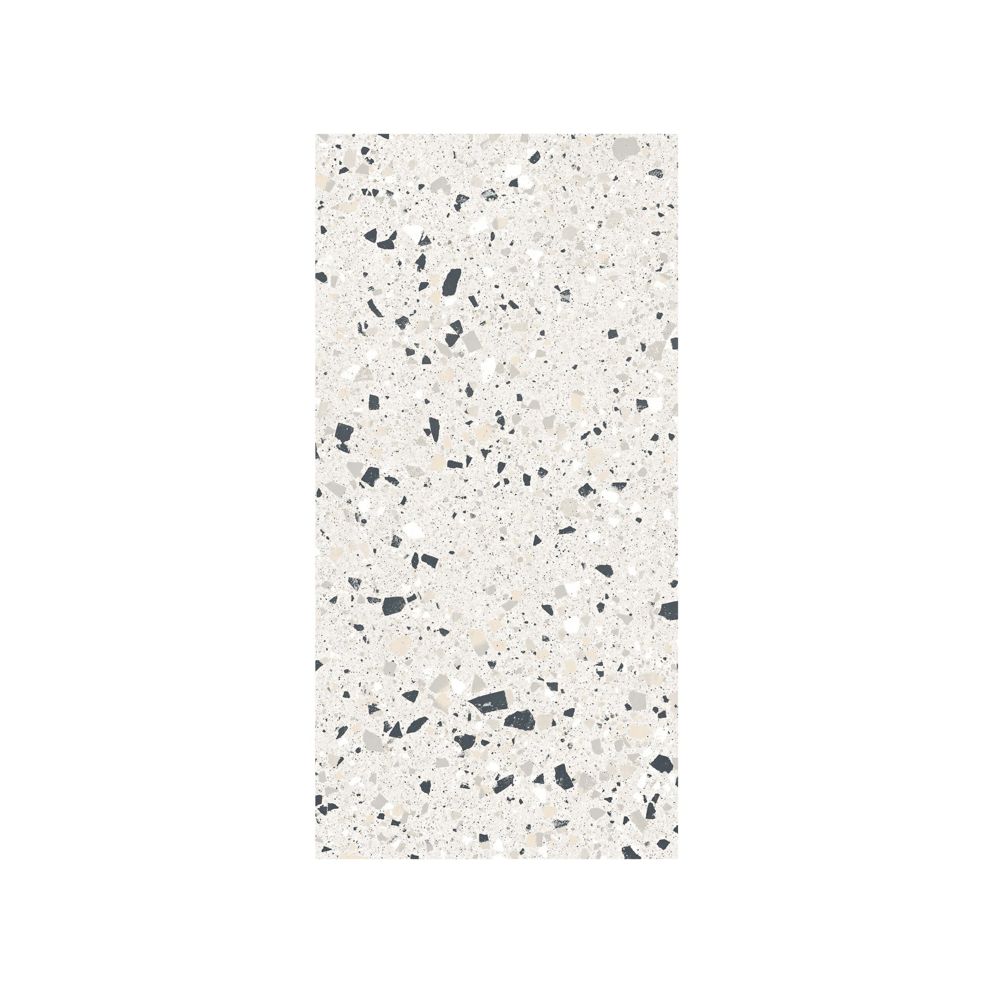 C Venice 300x600 Matt Silver Terrazzo Look Rectified tile pack shot showing a white matt surface with scattered black, grey, and beige aggregate fragments.