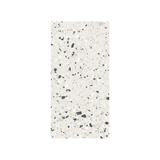 C Venice 300x600 Matt Silver Terrazzo Look Rectified tile pack shot showing a white matt surface with scattered black, grey, and beige aggregate fragments.