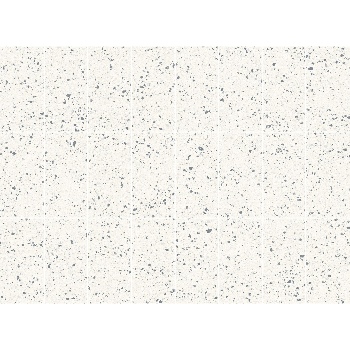 C Venice 300x600 Matt White Terrazzo Look Rectified tiles arranged in a grid layout, showcasing the speckled grey aggregate pattern on a crisp white matt surface.