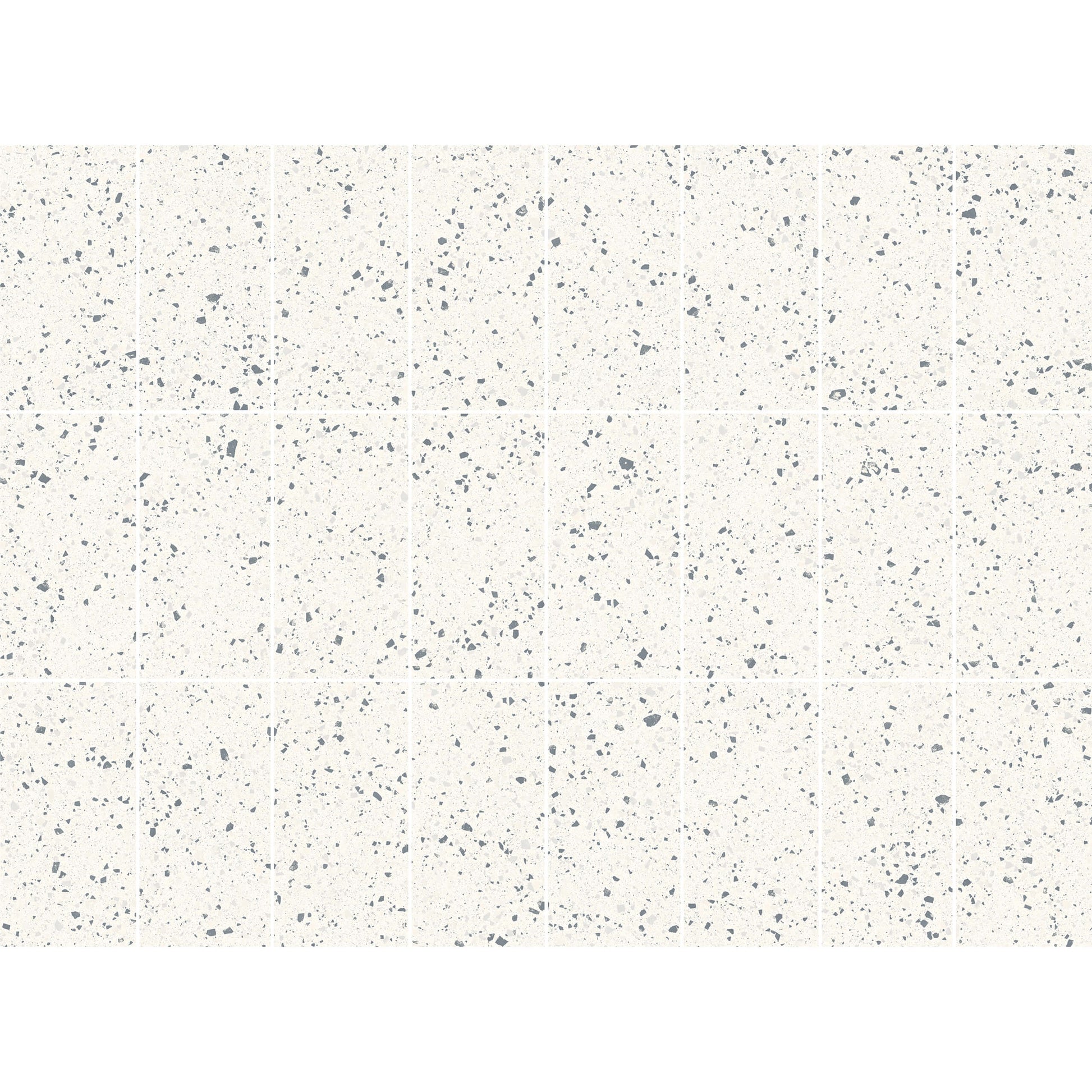 C Venice 300x600 Matt White Terrazzo Look Rectified tiles arranged in a grid layout, showcasing the speckled grey aggregate pattern on a crisp white matt surface.