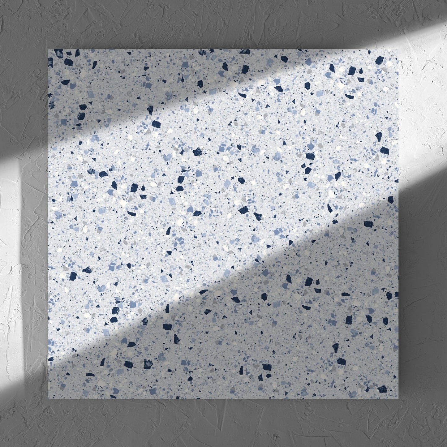 C Venice 600x600 Matt Blue Terrazzo Look Rectified tile in soft natural window light, showing the tile surface