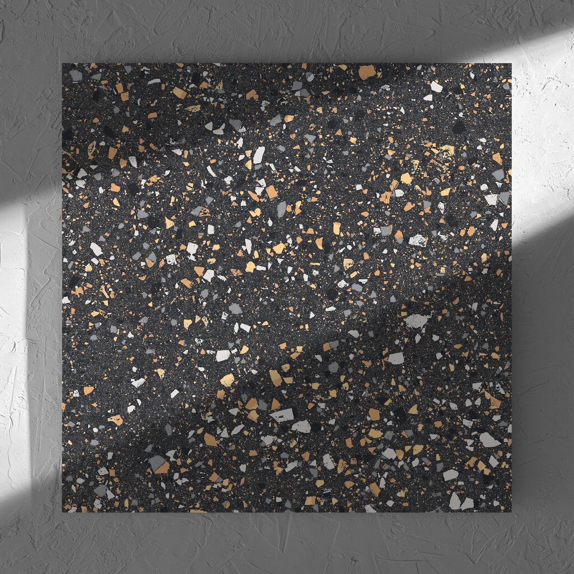 C Venice 600x600 Matt Graphite Terrazzo Look Rectified tile in soft natural window light, showing the tile surface