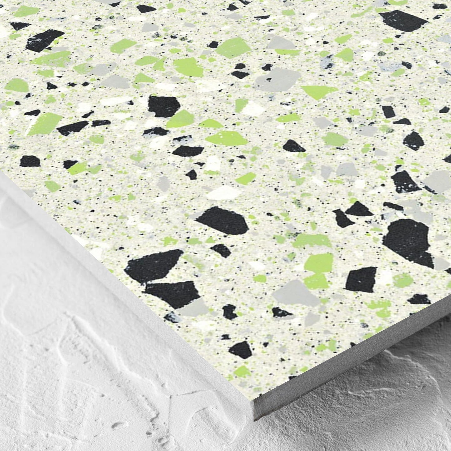 Corner close-up of the C Venice 600x600 Matt Green Terrazzo Look Rectified tile showing the tile surface and the edge profile