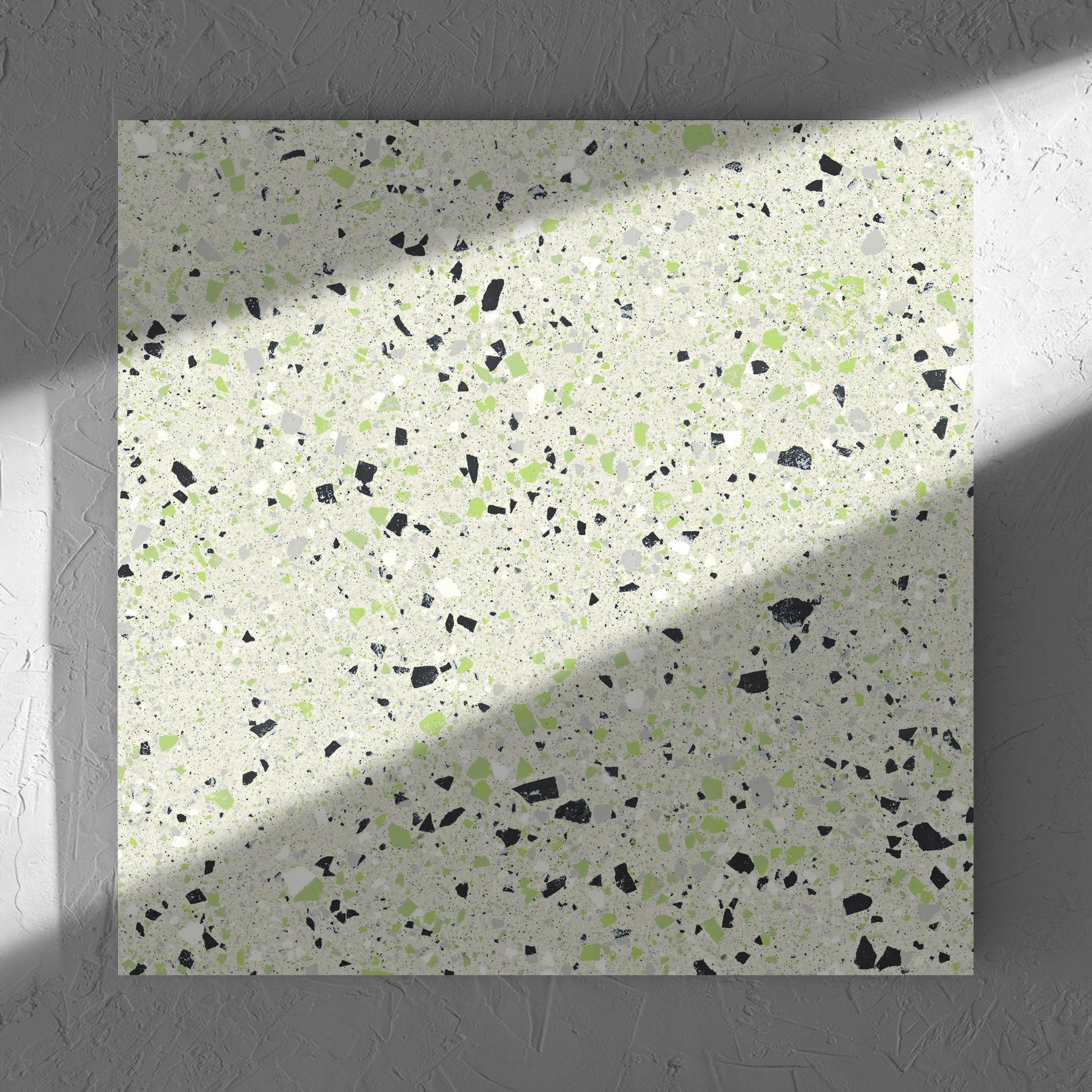 C Venice 600x600 Matt Green Terrazzo Look Rectified tile in soft natural window light, showing the tile surface
