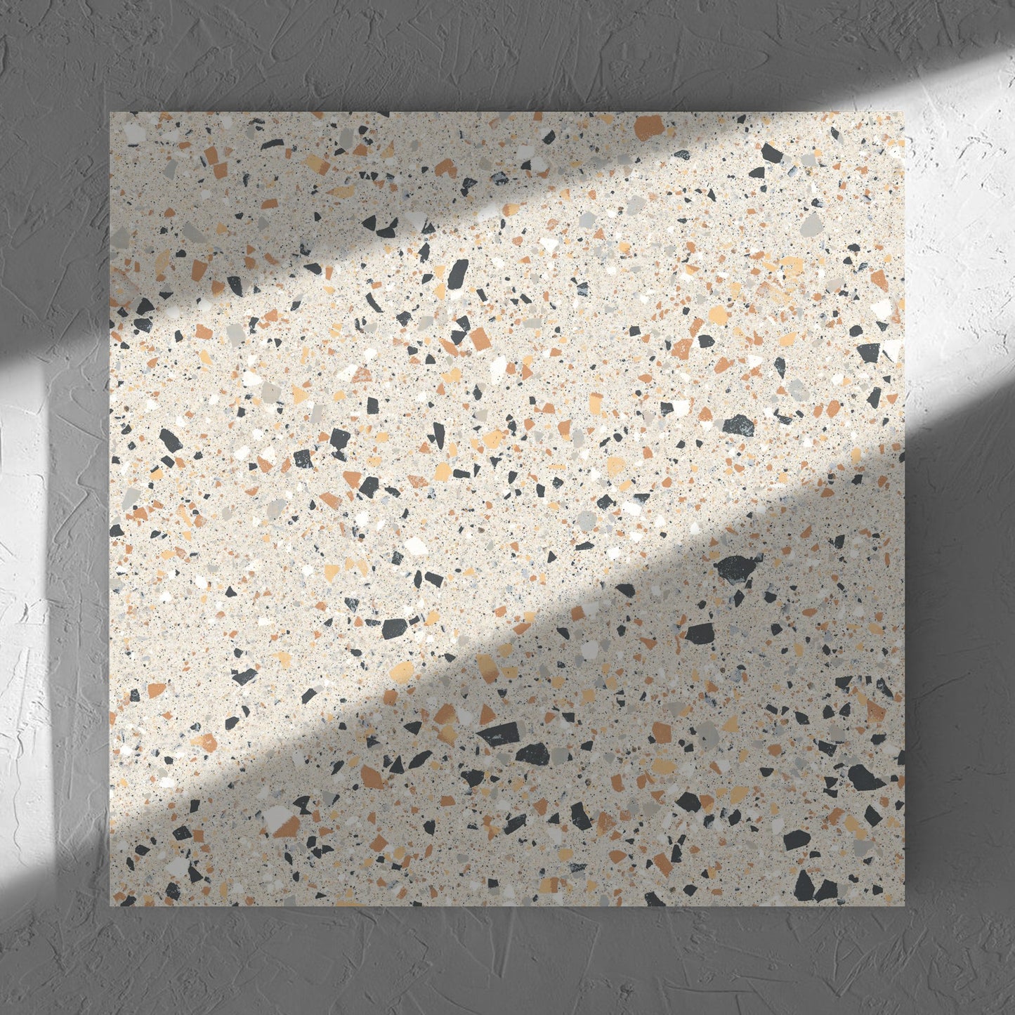 C Venice 600x600 Matt Ivory Terrazzo Look Rectified tile in soft natural window light, showing the tile surface