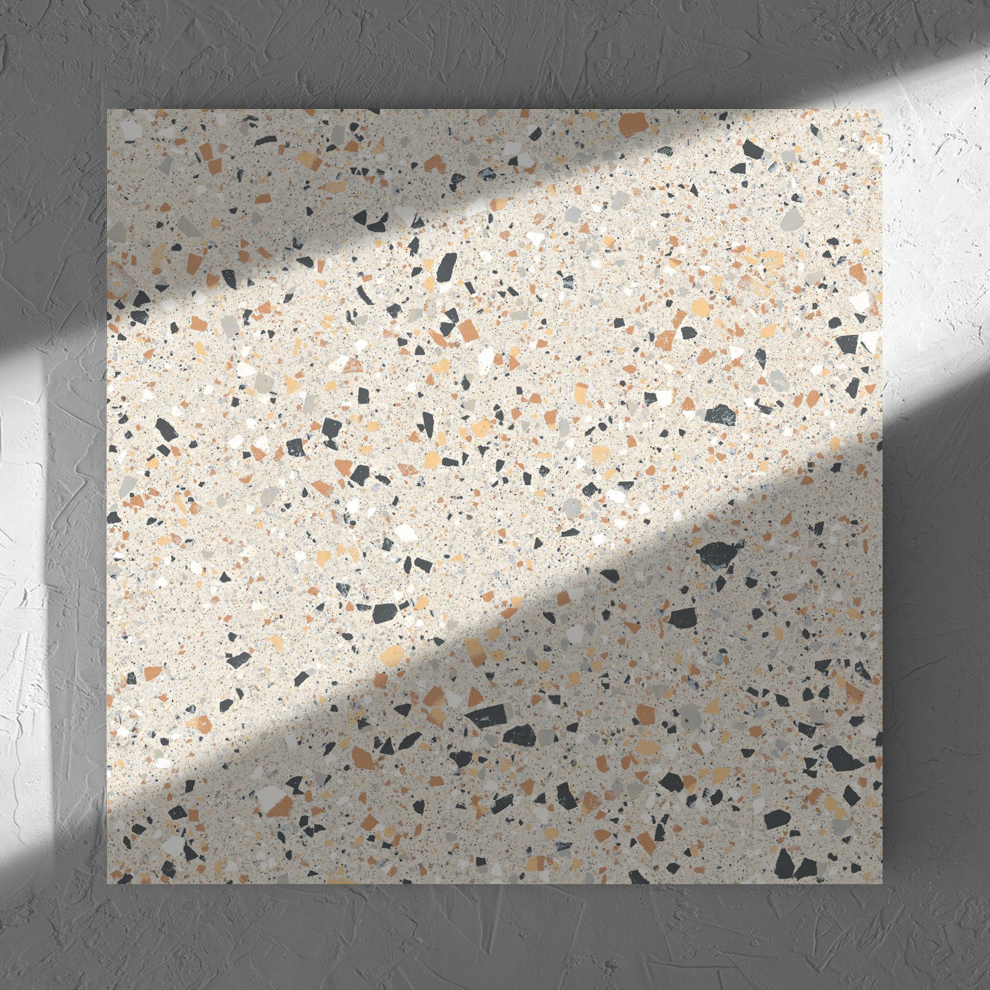 C Venice 600x600 Matt Ivory Terrazzo Look Rectified tile in soft natural window light, showing the tile surface