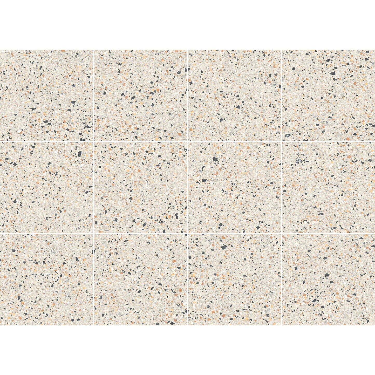 C Venice 600x600 Matt Ivory Terrazzo Look Rectified tiles displayed in a 4x3 grid layout showing scattered charcoal, peach, and white aggregate flecks on a warm cream matt surface.