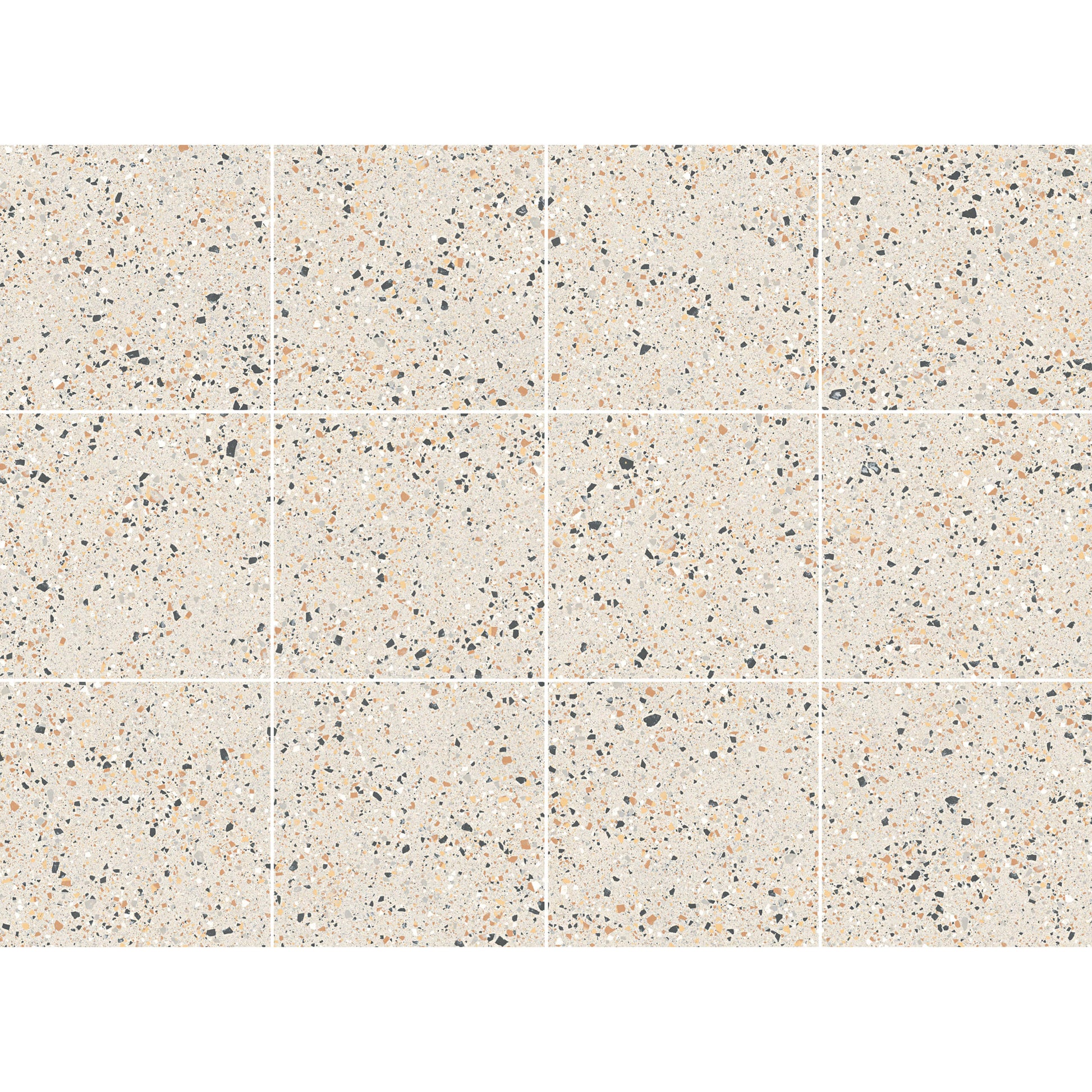C Venice 600x600 Matt Ivory Terrazzo Look Rectified tiles displayed in a 4x3 grid layout showing scattered charcoal, peach, and white aggregate flecks on a warm cream matt surface.