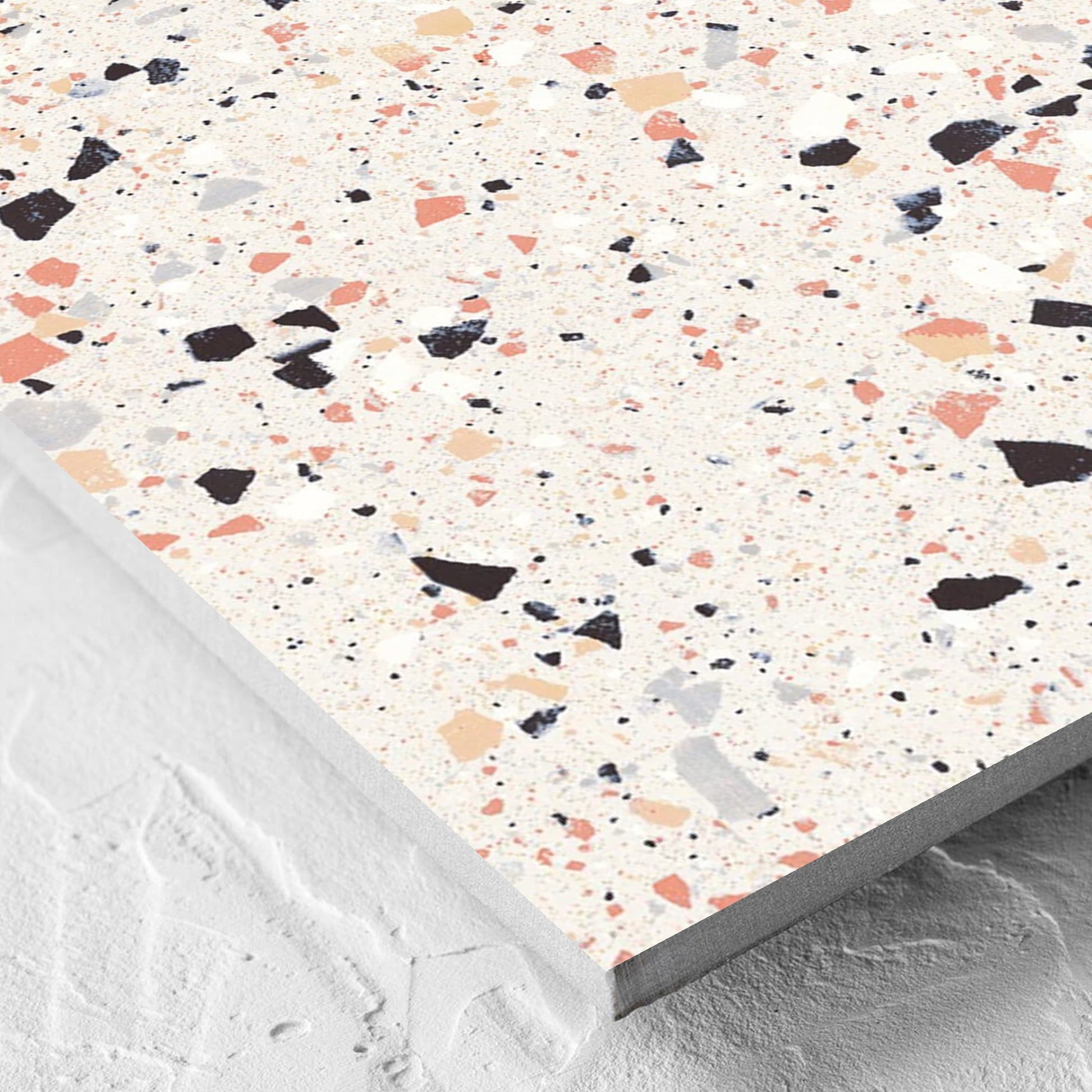 Corner close-up of the C Venice 600x600 Matt Pink Terrazzo Look Rectified tile showing the pink matt surface and the edge profile