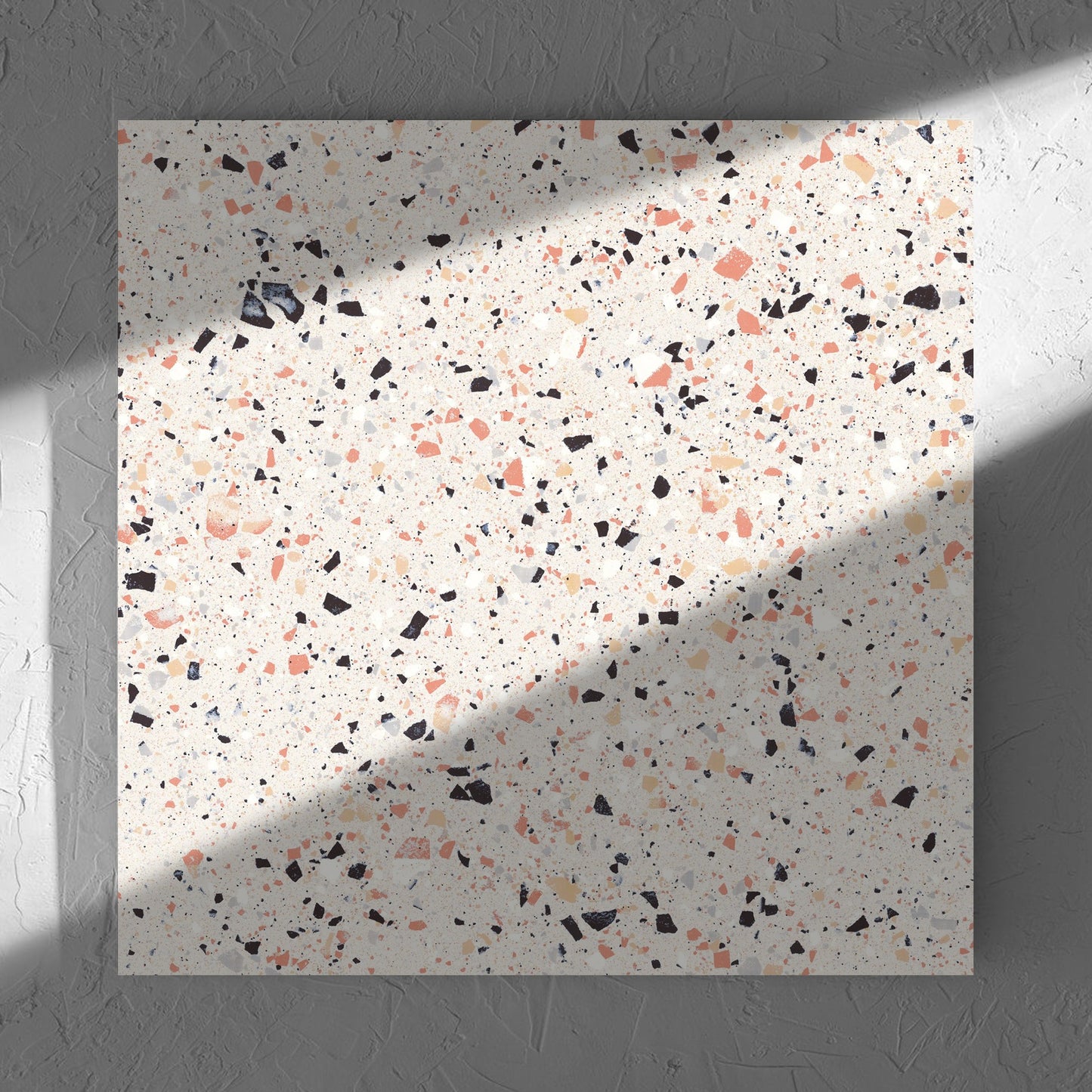 C Venice 600x600 Matt Pink Terrazzo Look Rectified tile in soft natural window light, showing the pink matt surface