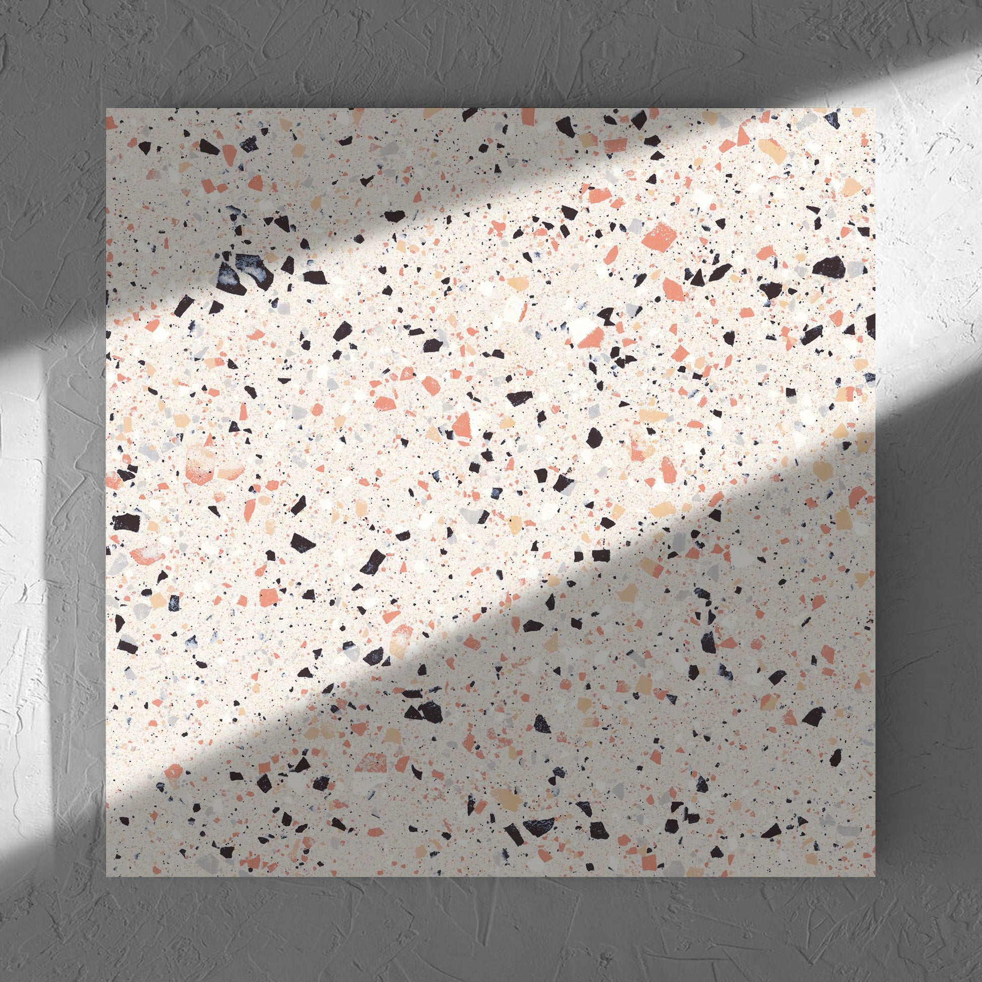 C Venice 600x600 Matt Pink Terrazzo Look Rectified tile in soft natural window light, showing the pink matt surface