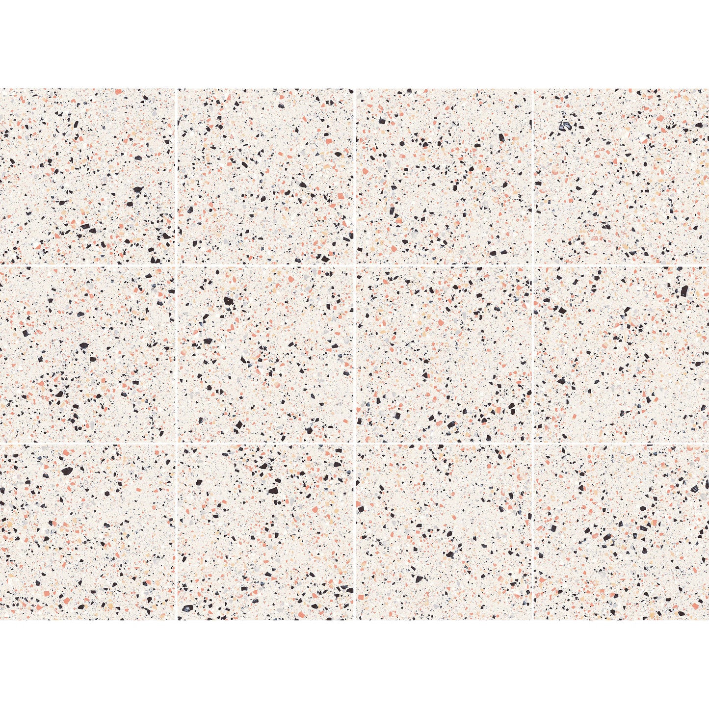 Grid layout of C Venice 600x600 Matt Pink Terrazzo Look Rectified tiles showing scattered black and coral speckled terrazzo pattern on a cream matte surface.