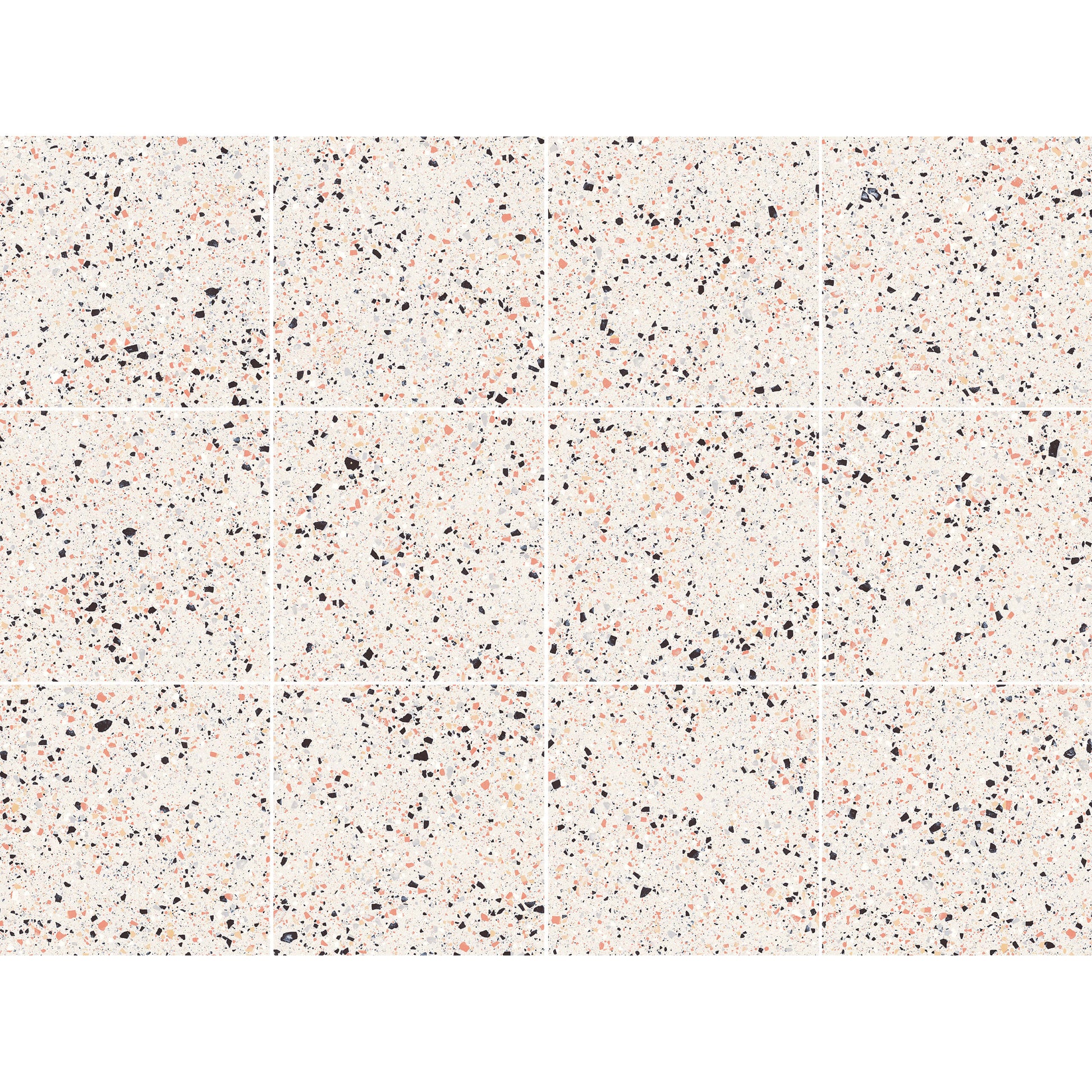 Grid layout of C Venice 600x600 Matt Pink Terrazzo Look Rectified tiles showing scattered black and coral speckled terrazzo pattern on a cream matte surface.