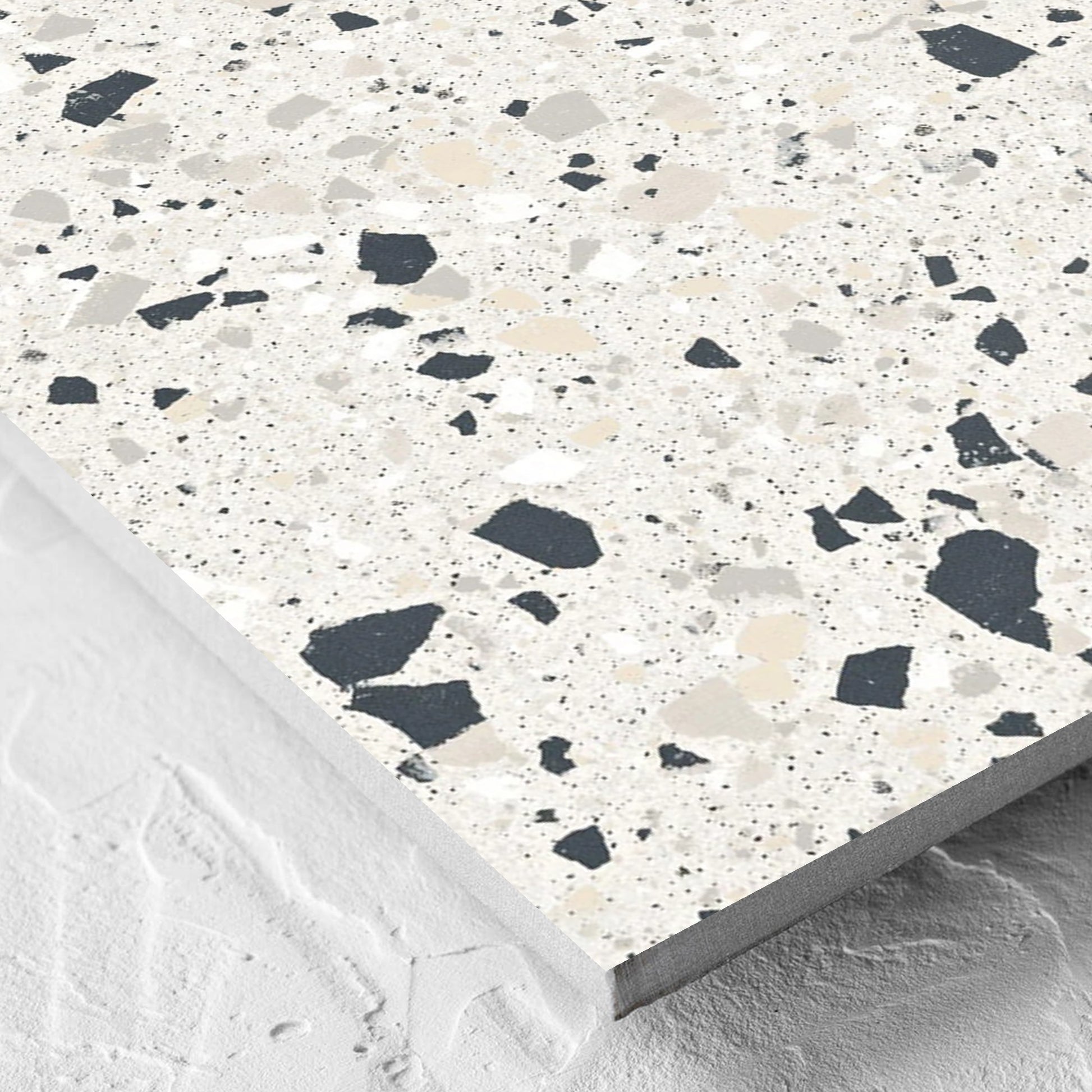 Corner close-up of the C Venice 600x600 Matt Silver Terrazzo Look Rectified tile showing the tile surface and the edge profile
