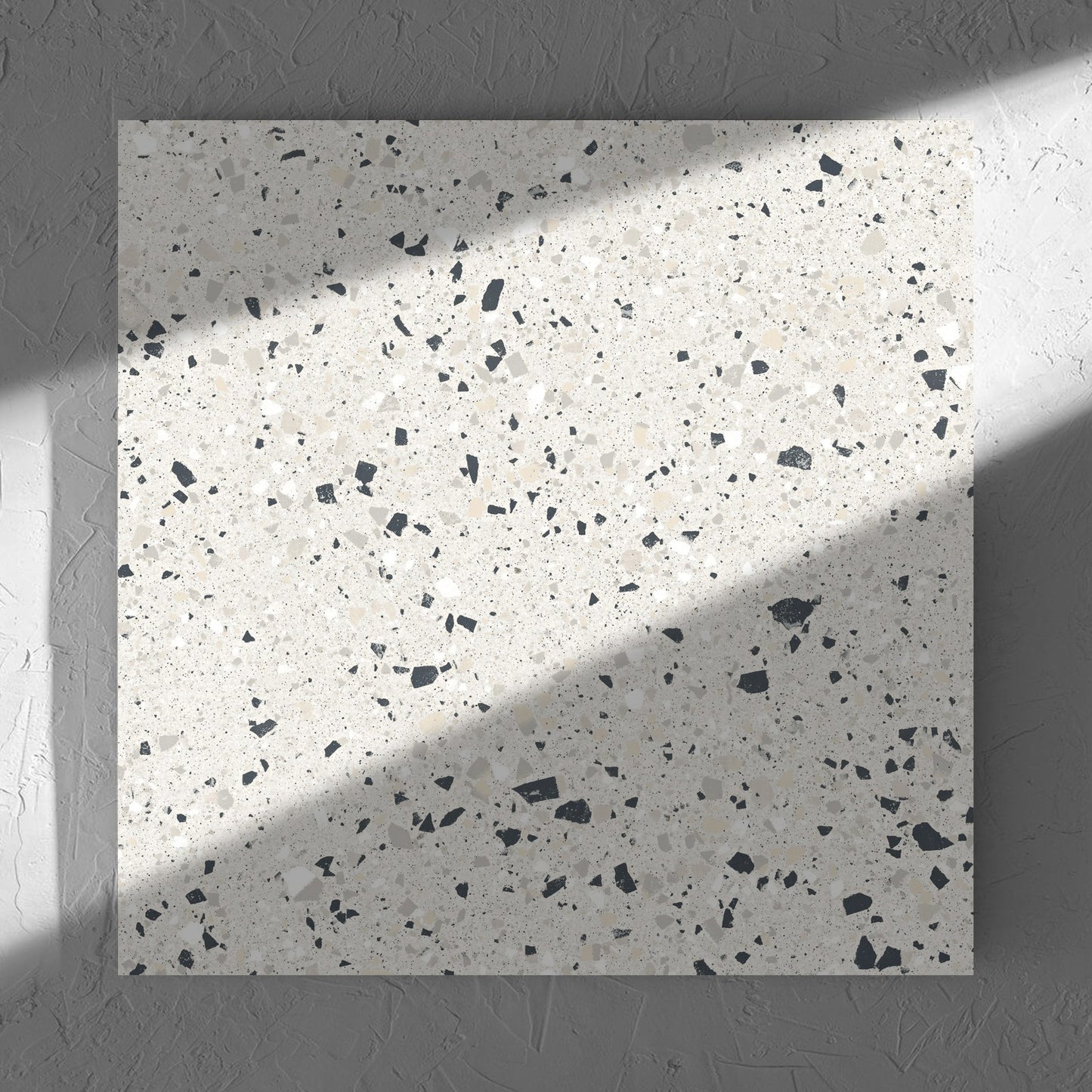 C Venice 600x600 Matt Silver Terrazzo Look Rectified tile in soft natural window light, showing the tile surface