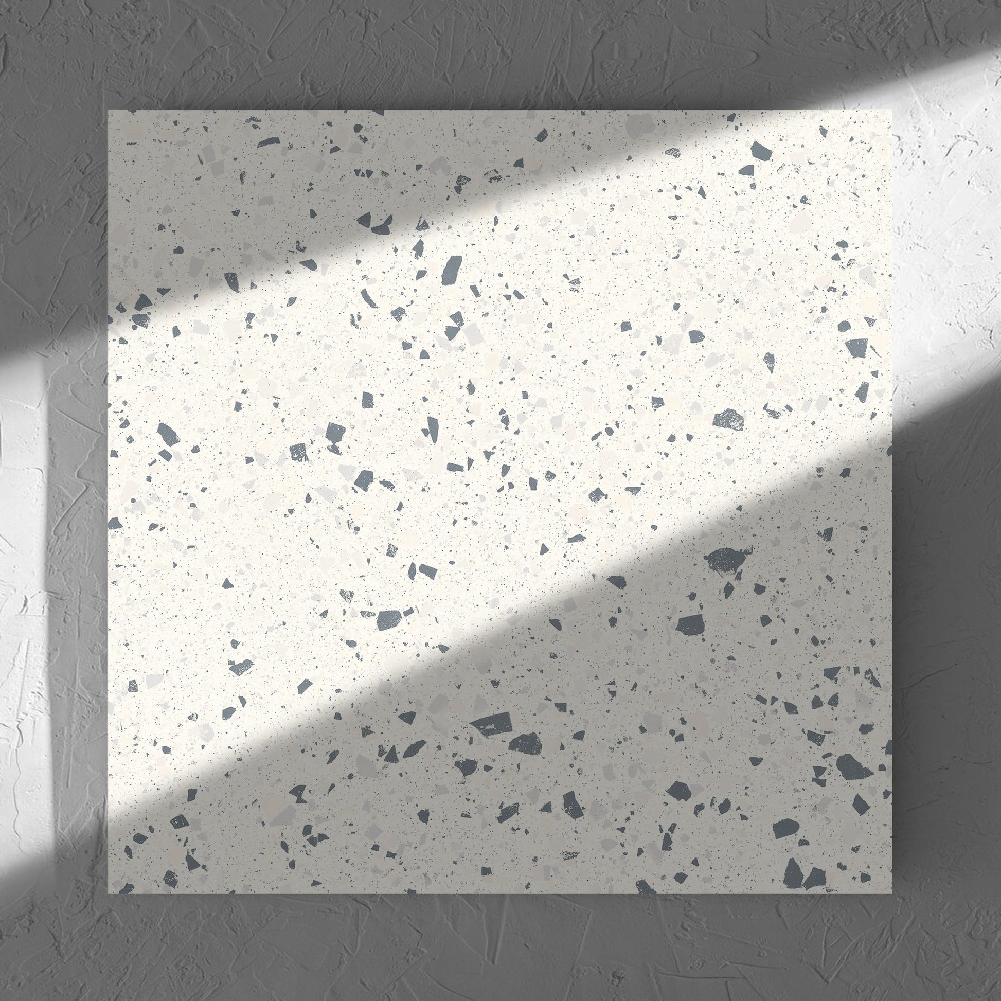 C Venice 600x600 Matt White Terrazzo Look Rectified tile in soft natural window light, showing the tile surface