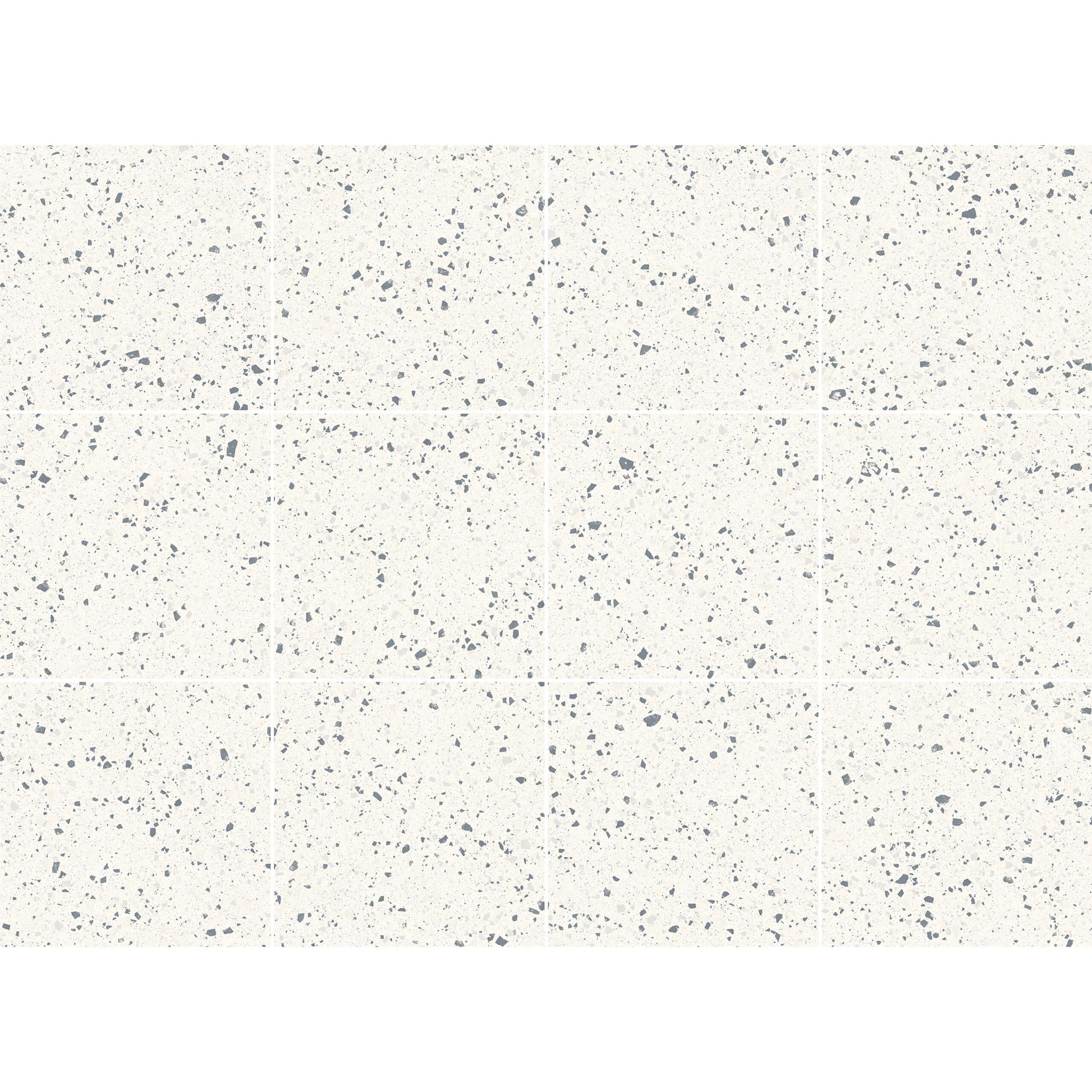 C Venice 600x600 Matt White Terrazzo Look Rectified tiles arranged in a grid layout showing the white base with scattered grey aggregate speckle pattern.