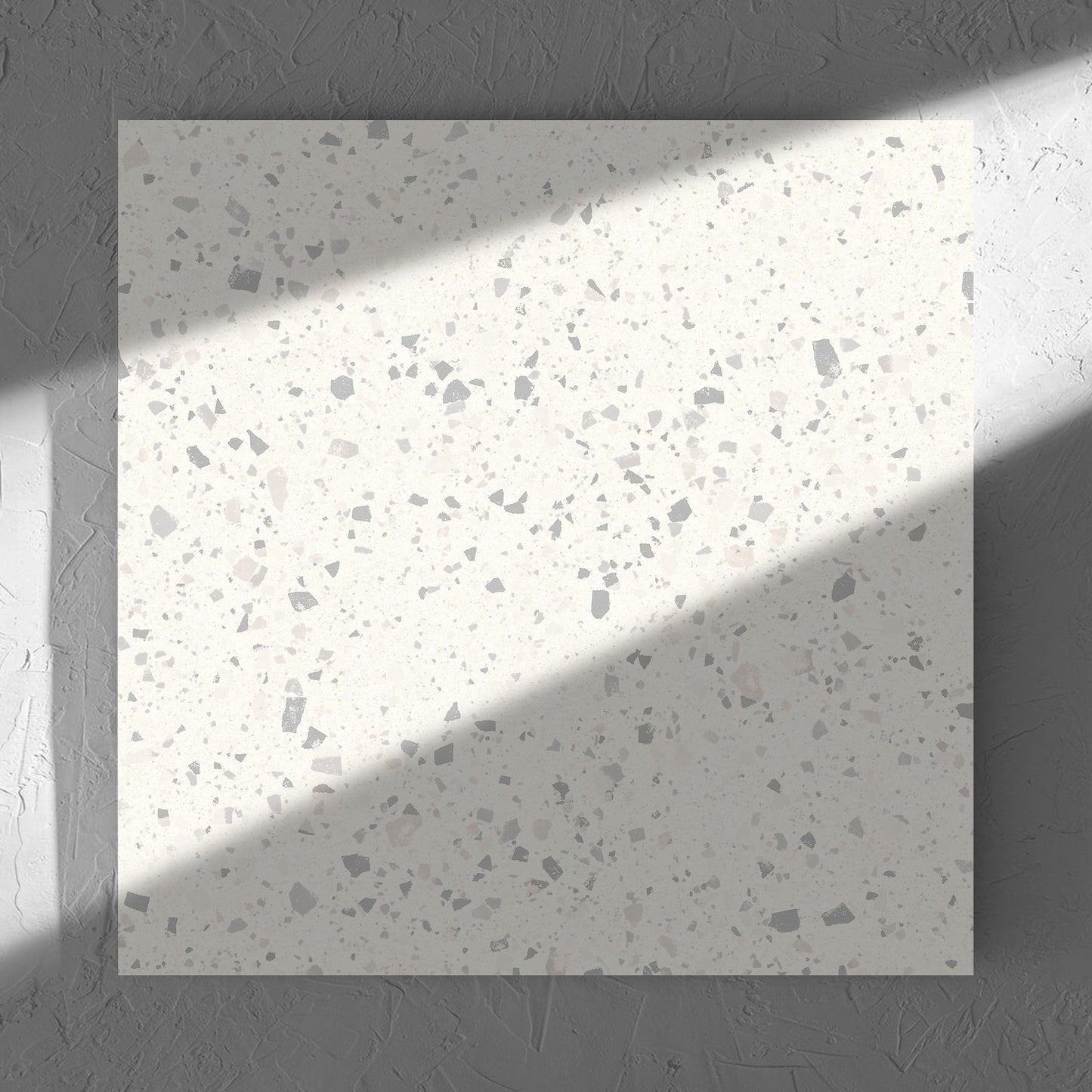 C Venice 600x600 Matt Zinc Terrazzo Look Rectified tile in soft natural window light, showing the tile surface