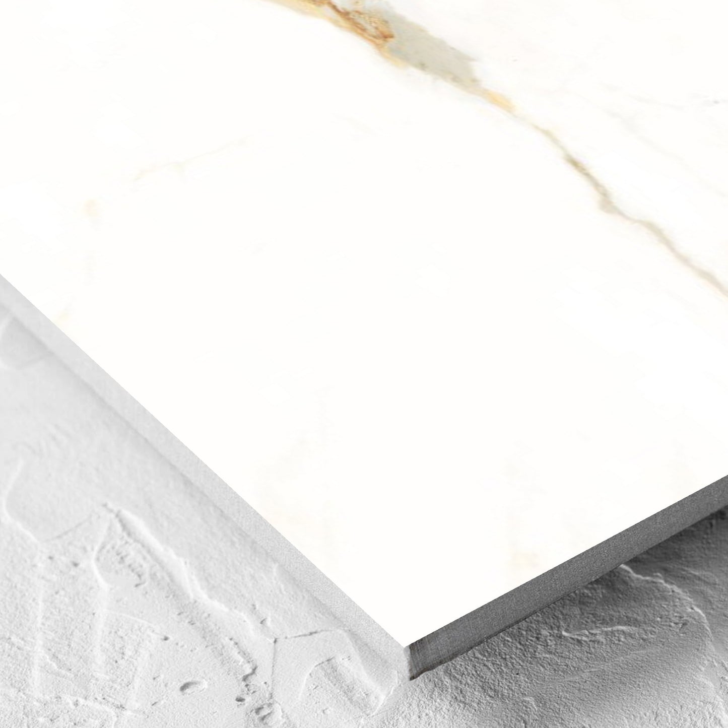 Corner close-up of the Calacatta Vagli Matt 600x600mm tile showing the tile surface and the edge profile