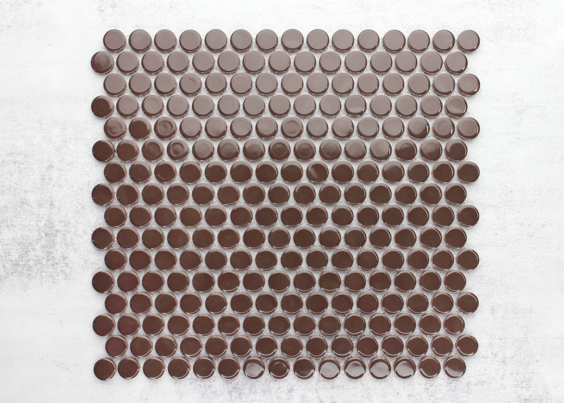 Flat lay pack shot of Cappuccino Gloss Diameter Glazed Porcelain Penny Round 19mm tiles showing glossy brown circular mosaic pieces arranged in a grid pattern on a white background.