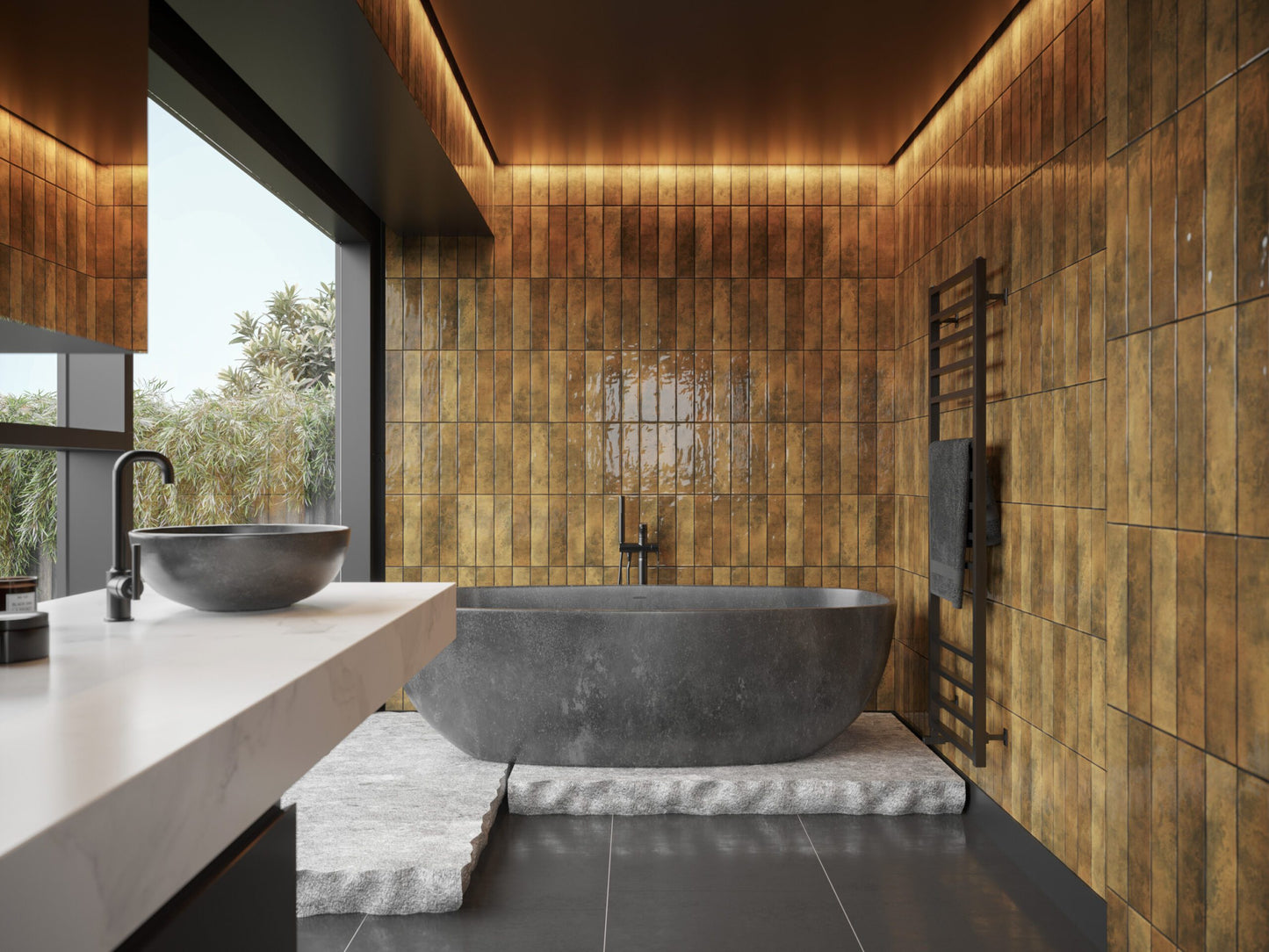 Caramela Cotto Gloss 75x300mm tiles covering a full-height bathroom feature wall in warm amber tones, paired with a freestanding stone bath and vessel sink vanity.