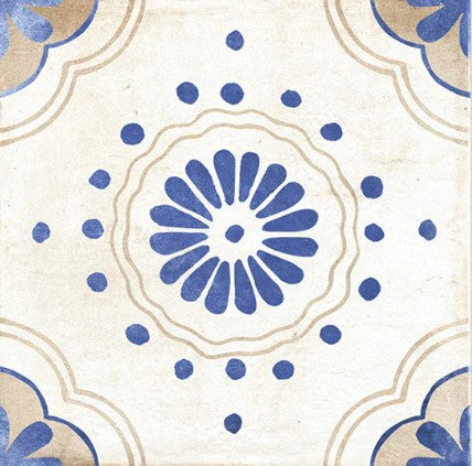 Caribbean Bahamas 205x205mm decorative wall tile featuring a blue and beige floral medallion pattern on a cream glazed ceramic square.