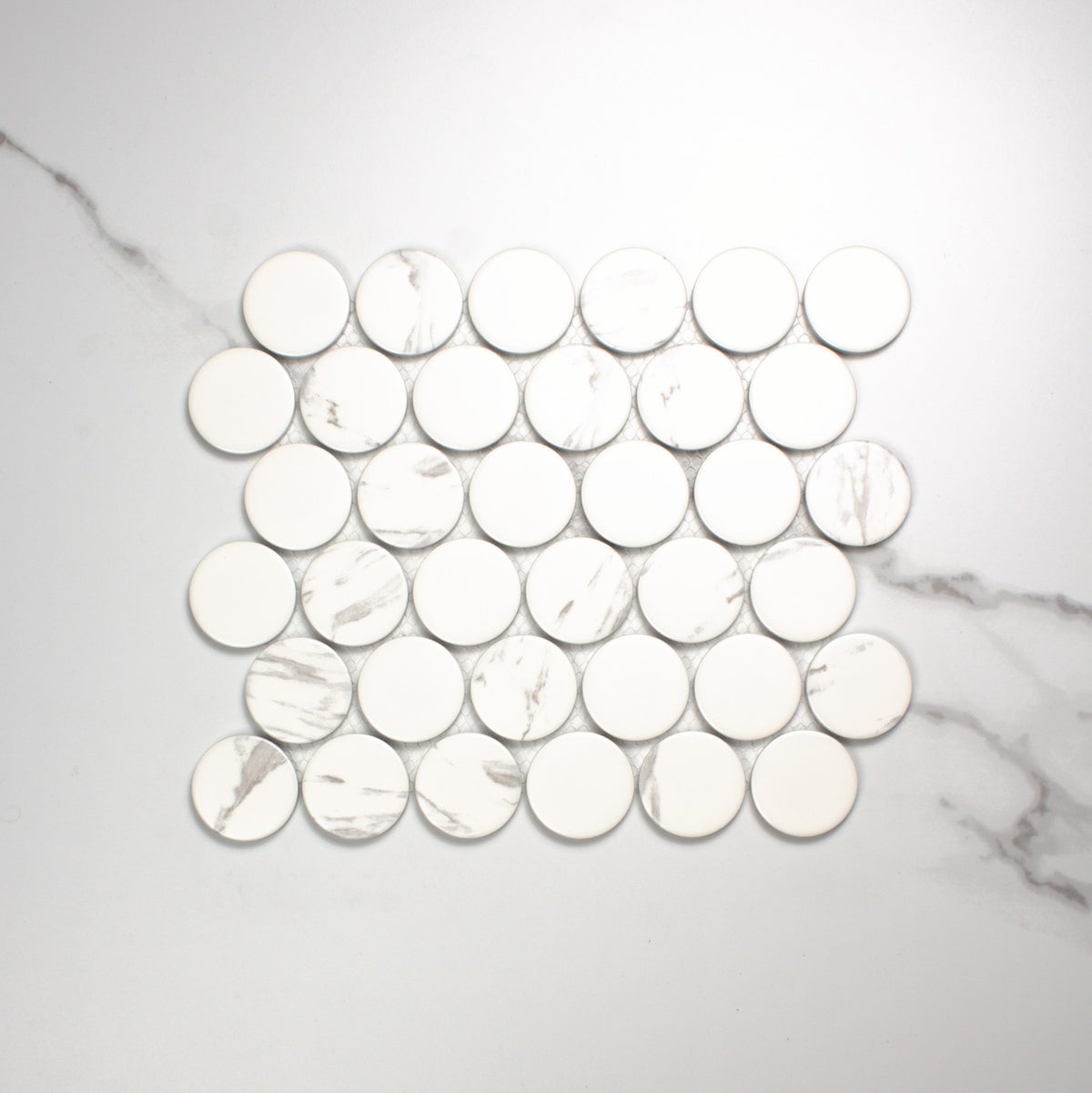 Carrara Look Matt Porcelain Glazed Penny Round 48mm top view