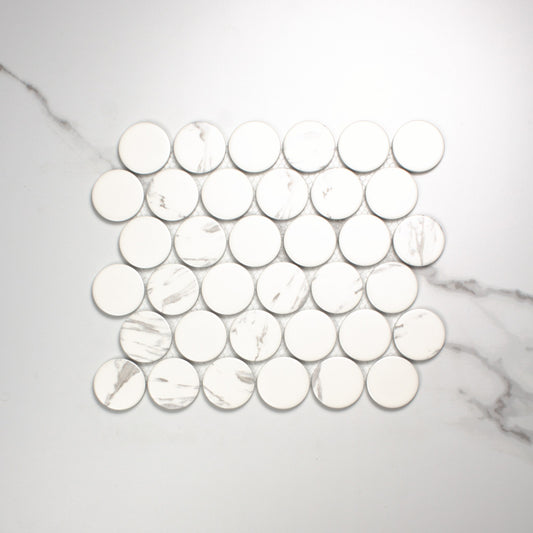 Carrara Look Matt Porcelain Glazed Penny Round 48mm top view