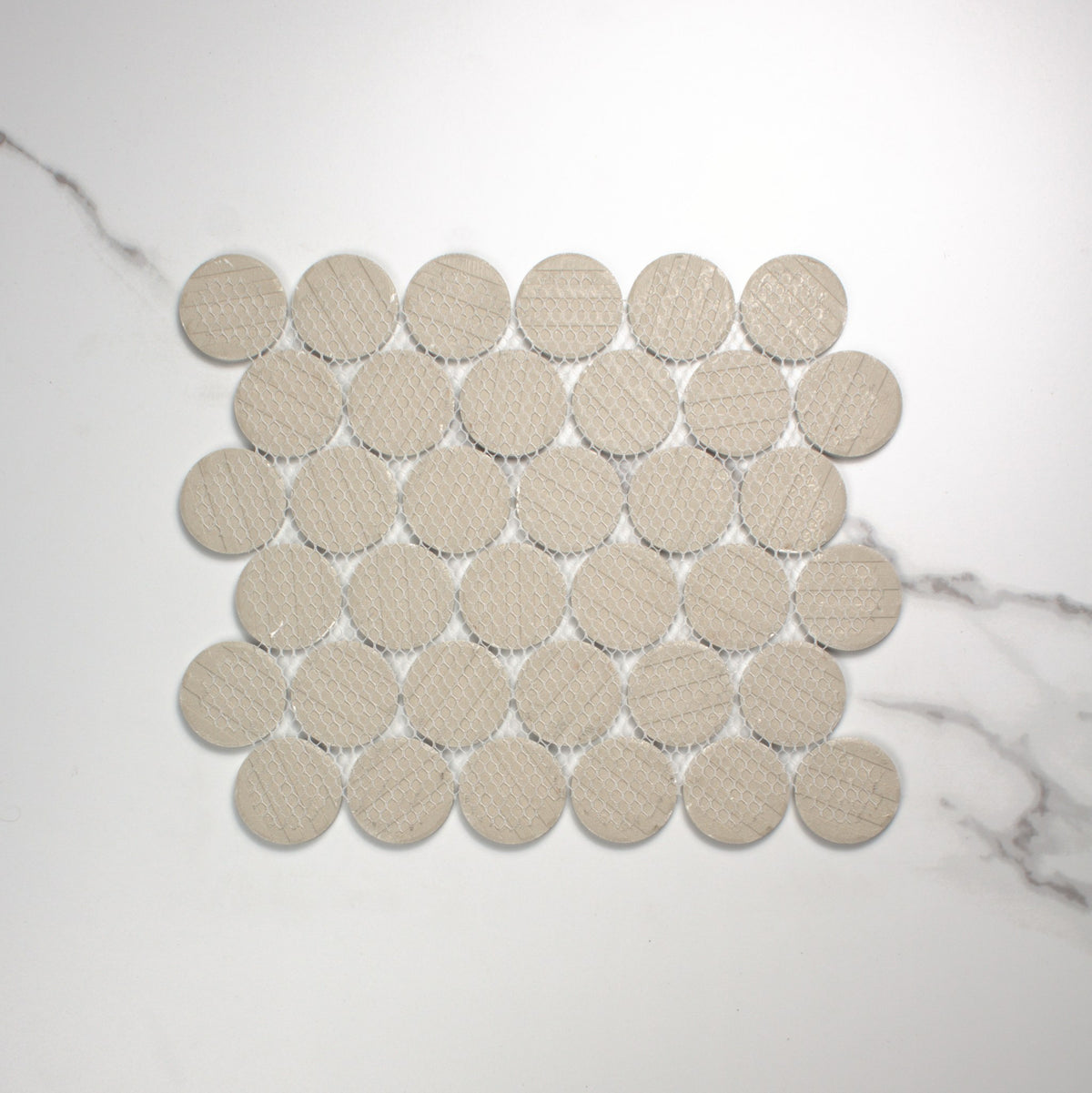 Carrara Look Matt Porcelain Glazed Penny Round 48mm top view