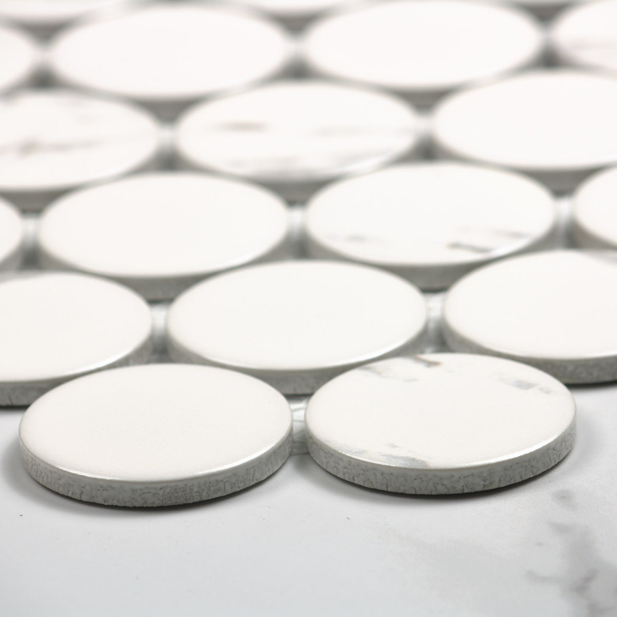 Carrara Look Matt Porcelain Glazed Penny Round 48mm angle view