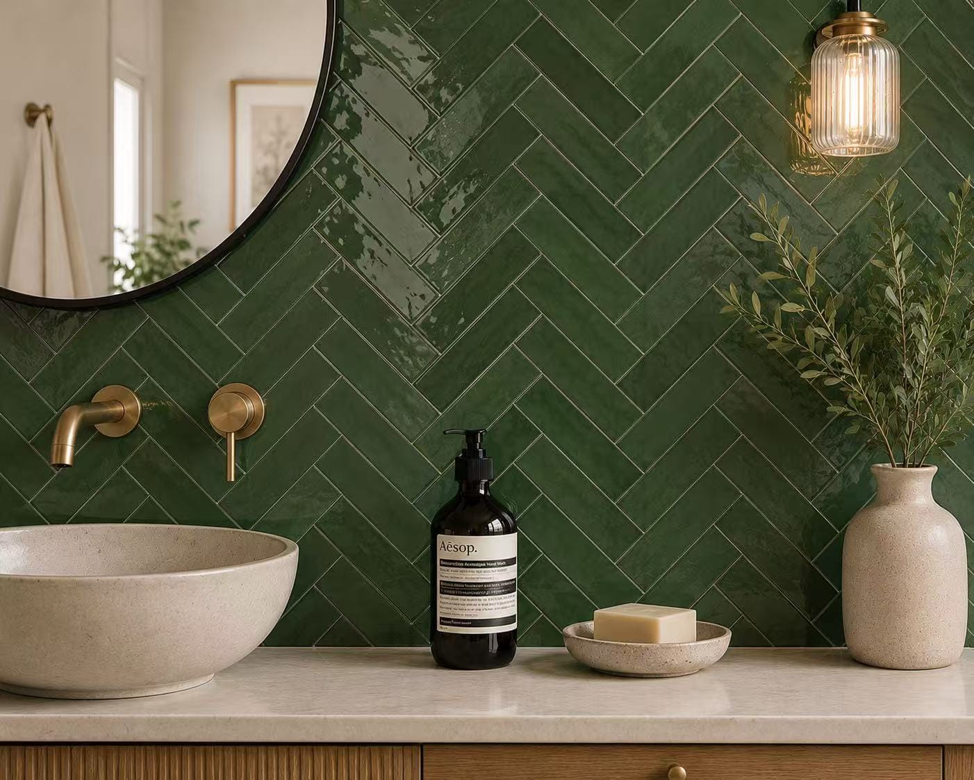 Casablanca Bottle Green Gloss 58x242mm tiles laid in a herringbone pattern on a bathroom feature wall above a stone vessel sink with brass fixtures and pendant light.