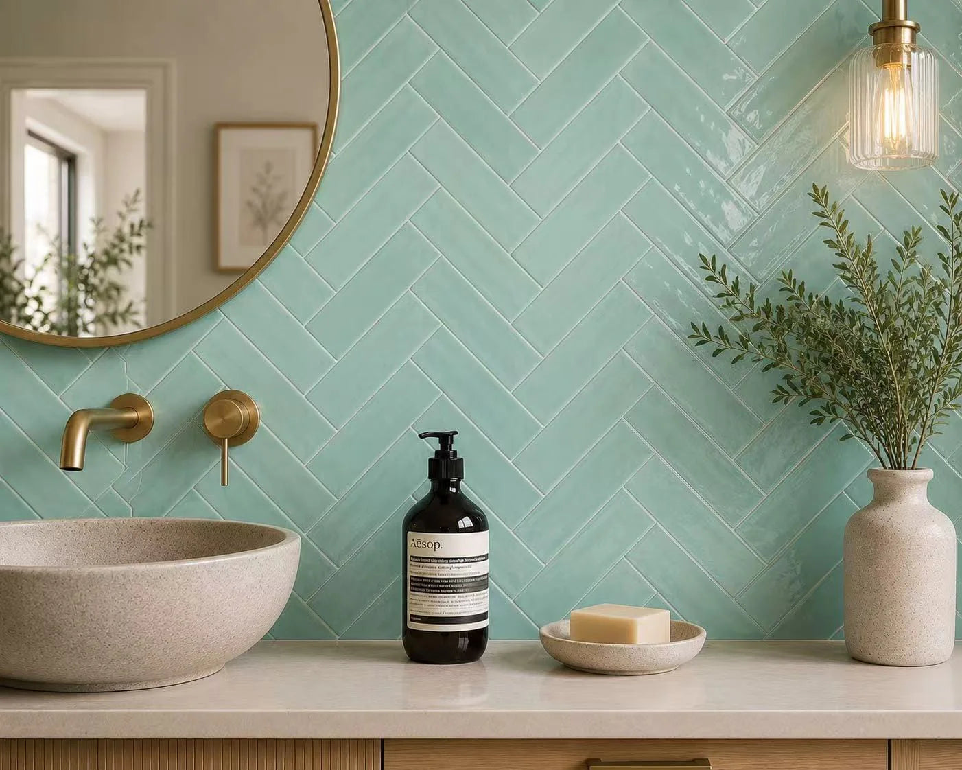 Casablanca Mint Gloss 58x242mm tiles laid in a herringbone pattern on a bathroom vanity wall, paired with brass fixtures, a stone vessel sink, and a pendant light.